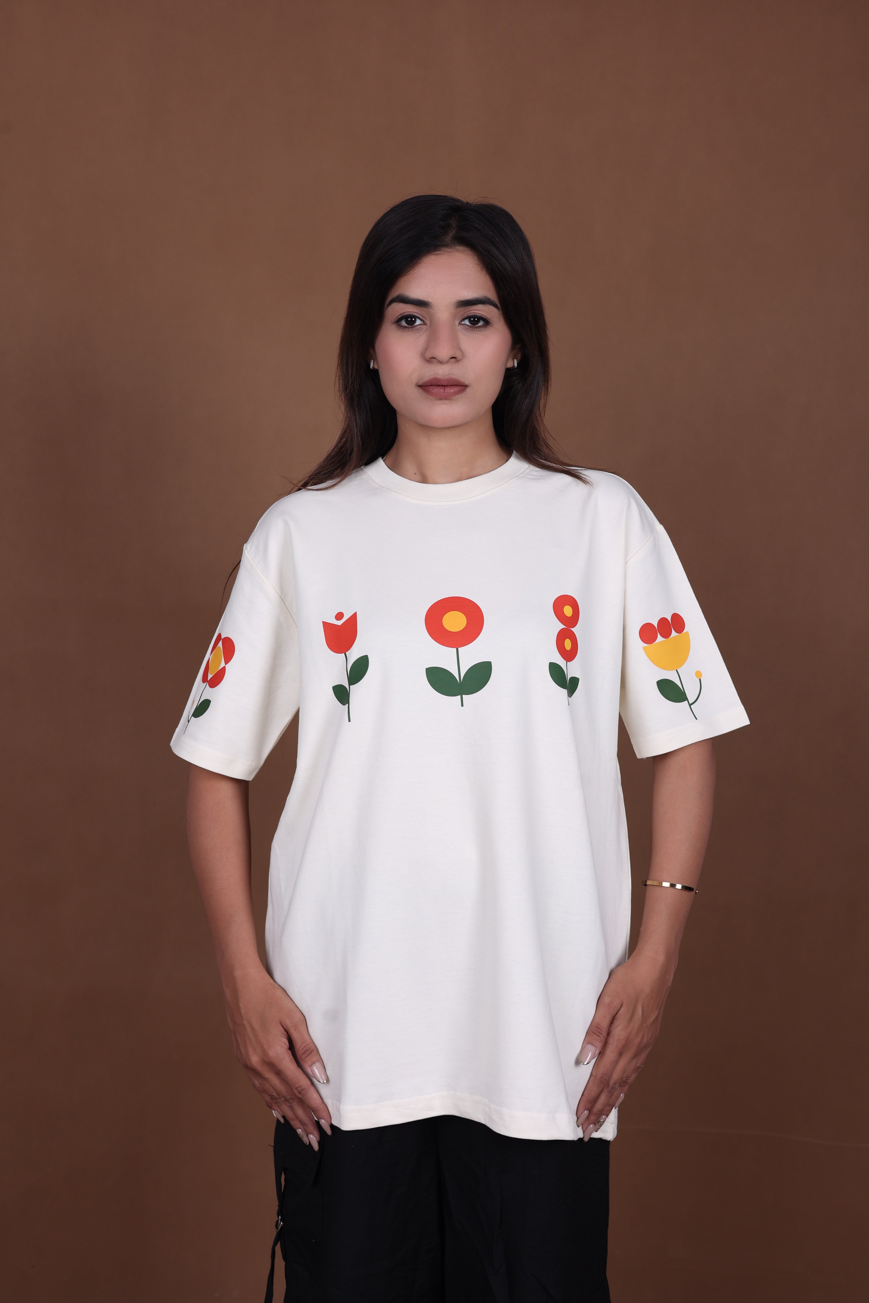 Printed Oversized T-shirt | Minimal Floral Print | Off-White T-Shirt