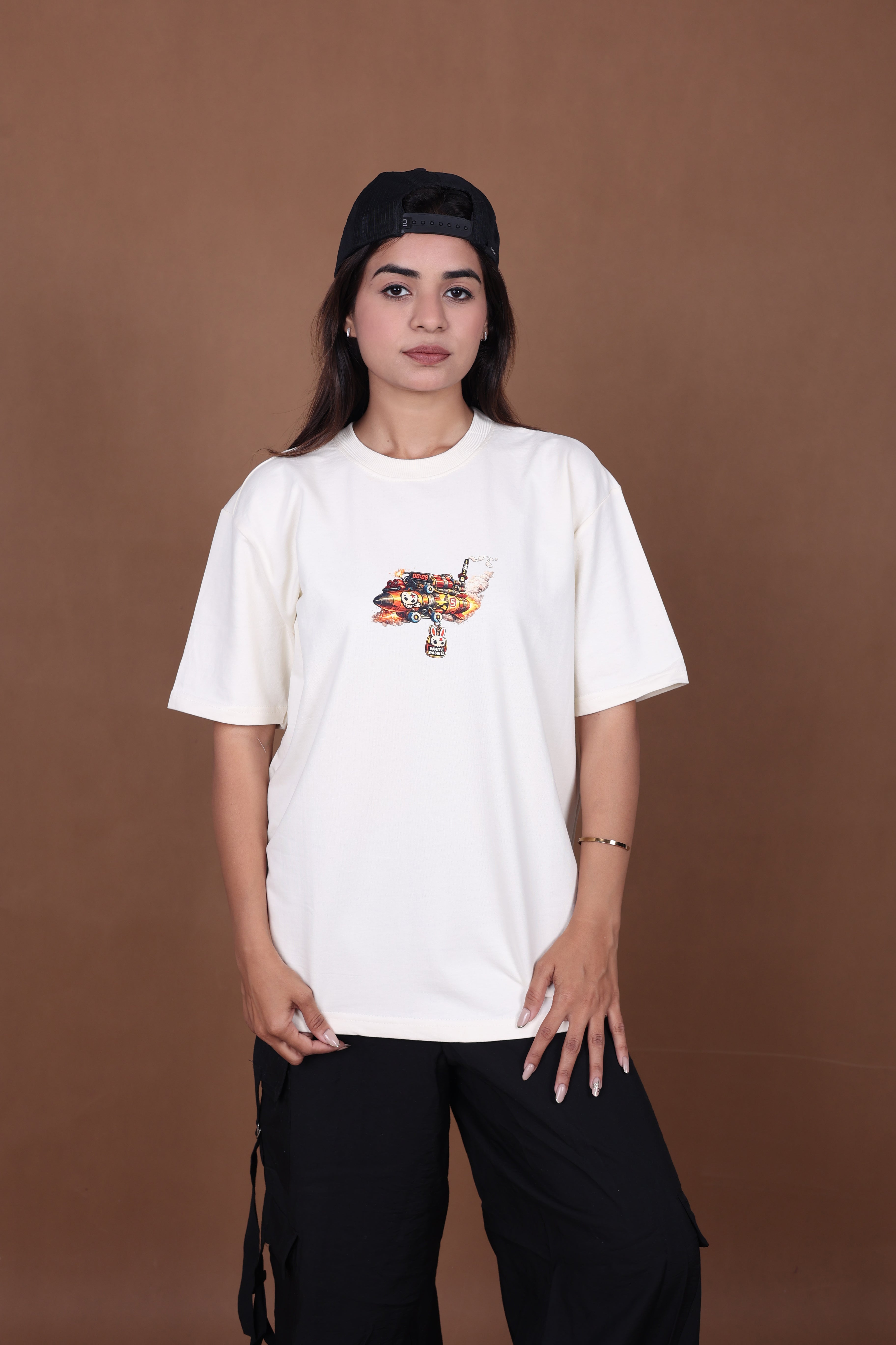 Printed Oversized T-shirt | Cute Rabbit Streetwear Print | Off-White T-Shirt