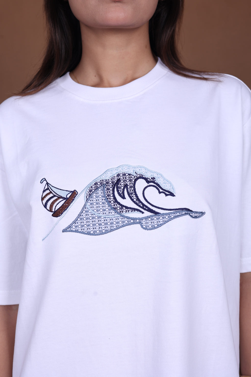 Embroidered Oversized T-shirt | Waves Design Premium | White T-Shirt