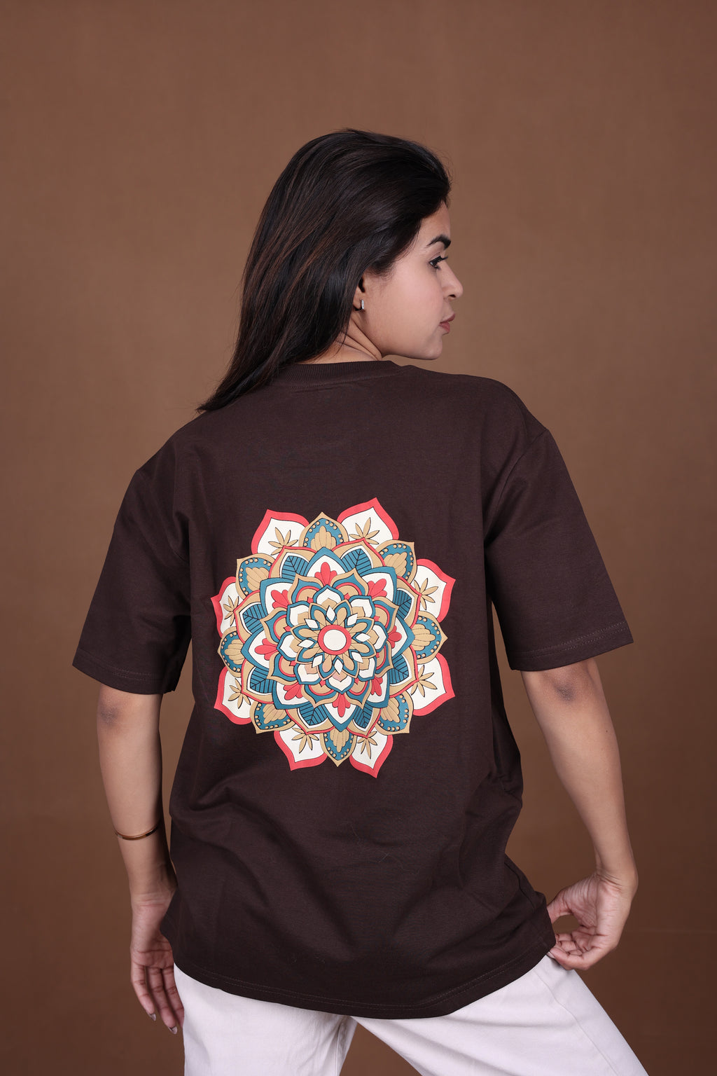 Printed Oversized T-shirt | Colorful Mandala Back Print Premium | Brown T-Shirt