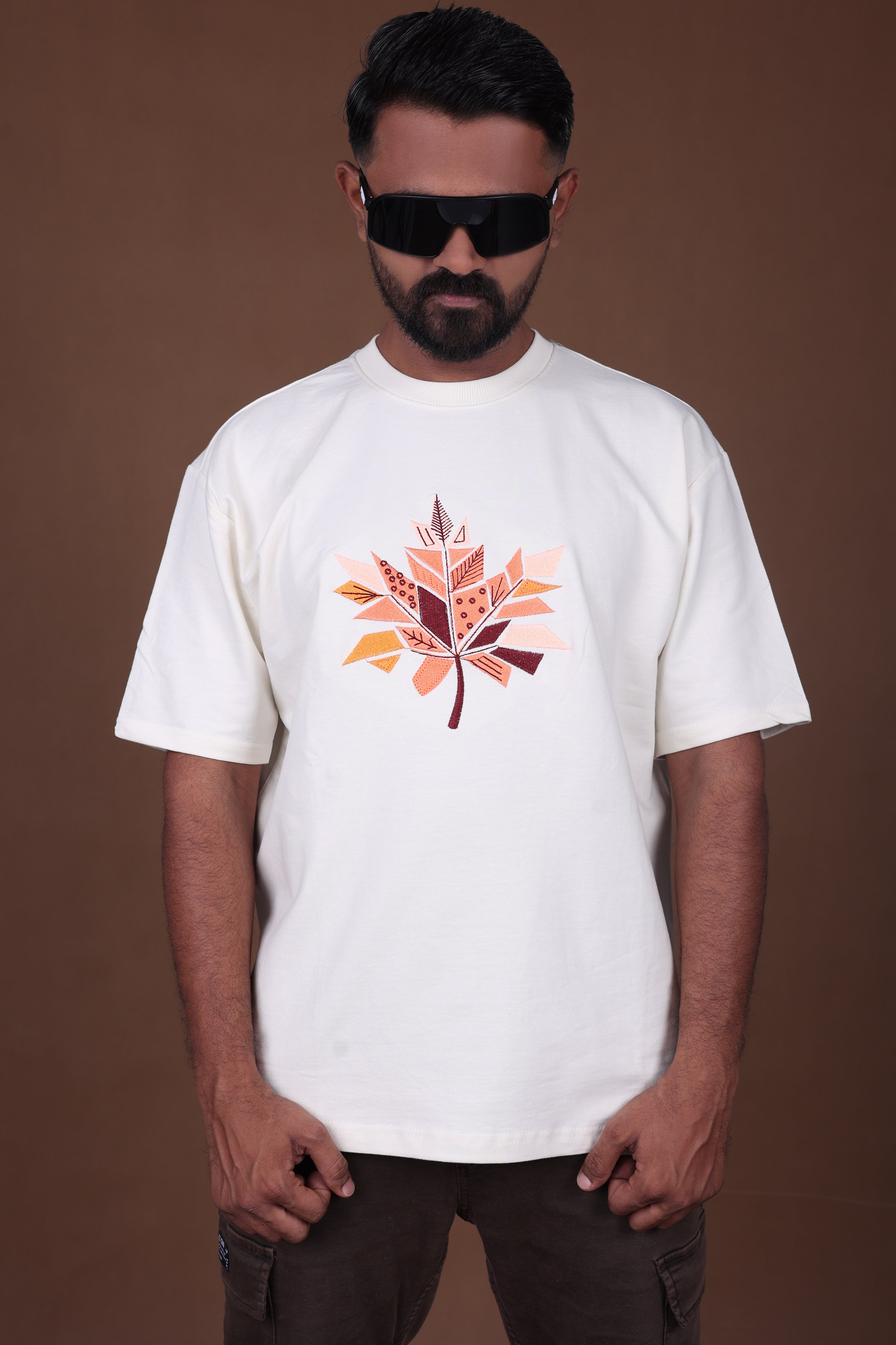 Embroidered Oversized T-shirt | LeafEdge Tee Premium | Off-White T-Shirt