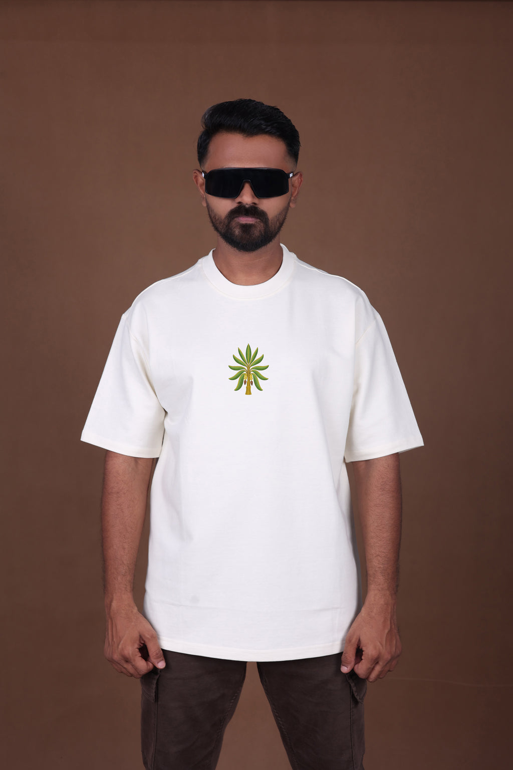 Printed Oversized T-shirt | Tropical Leaves & Parrot Back Print | Off-White T-Shirt