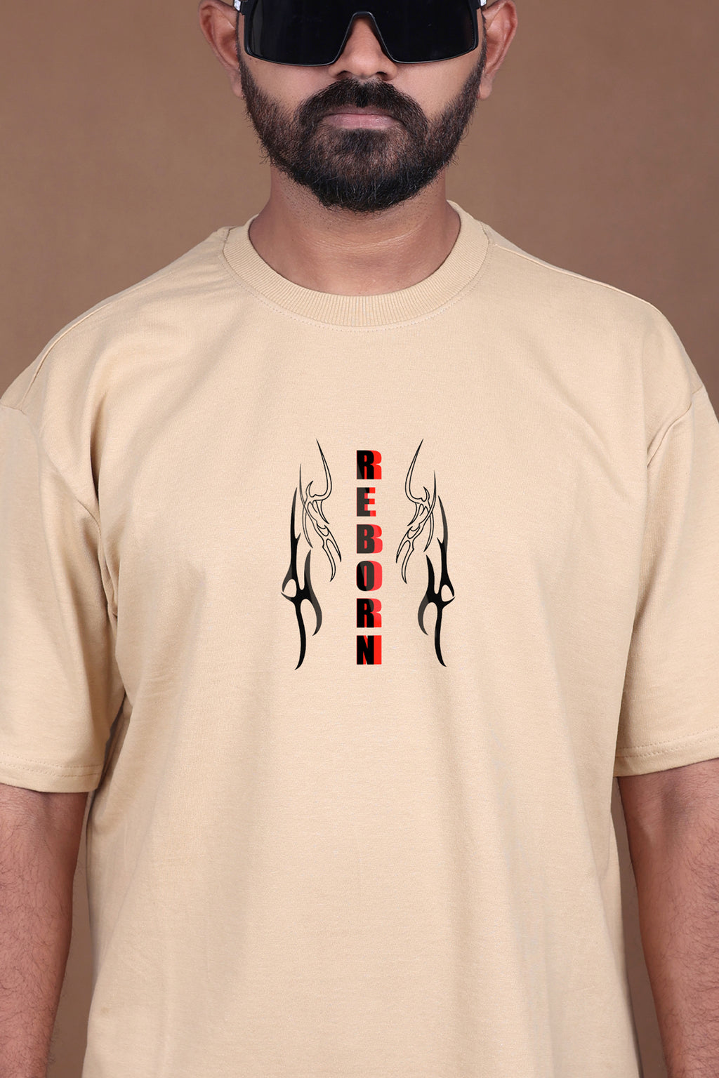 Printed Oversized T-shirt | REBORN Flame Wings Graphic| Biege T-Shirt