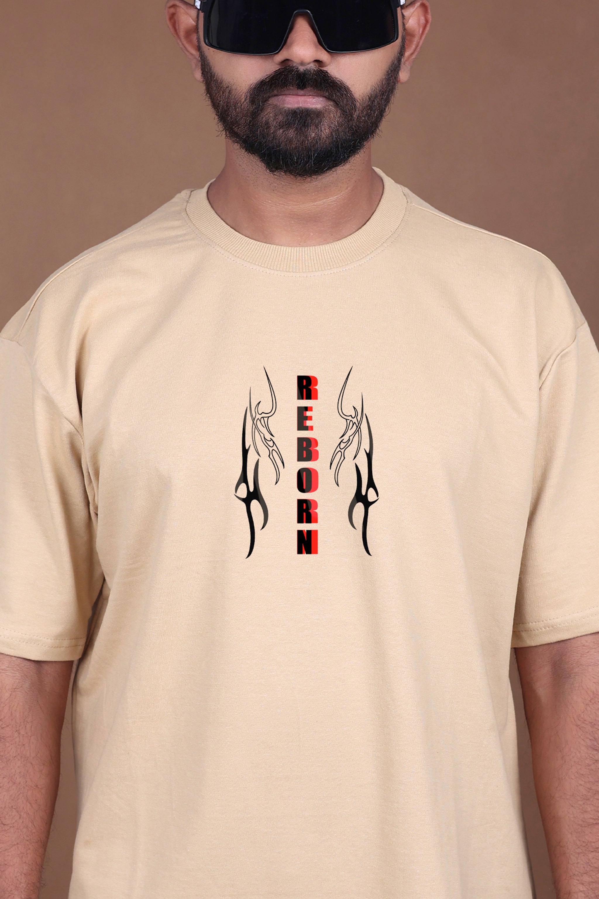 Printed Oversized T-shirt | REBORN Flame Wings Graphic| Biege T-Shirt