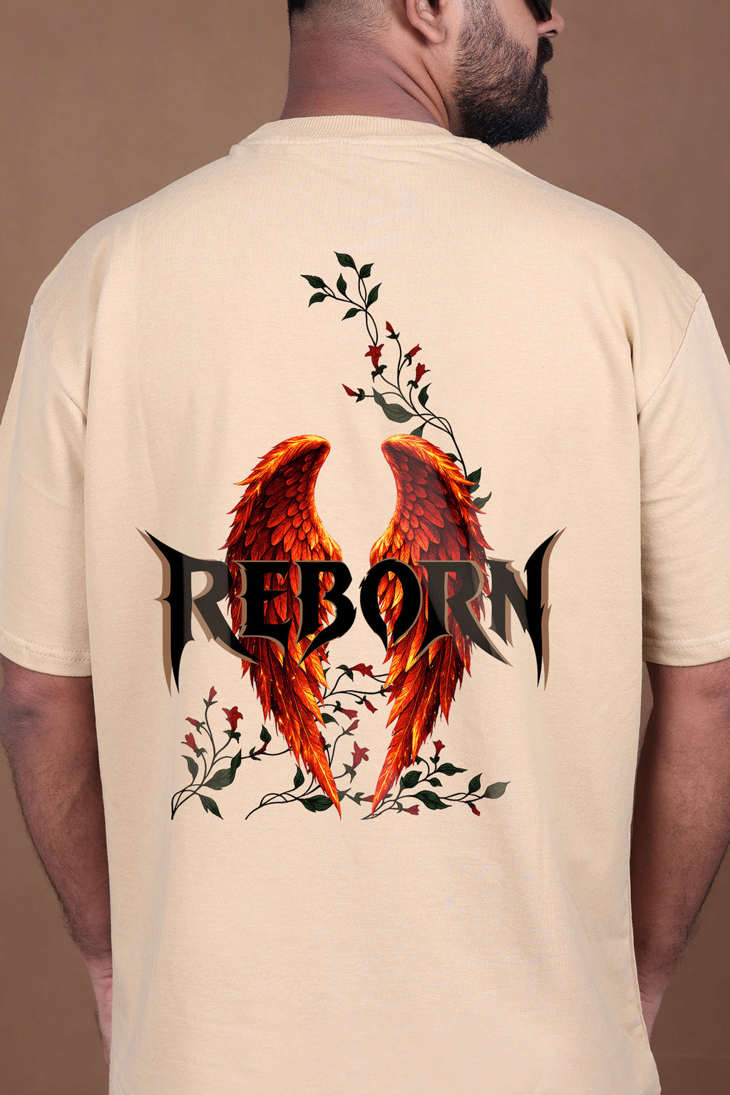 Printed Oversized T-shirt | REBORN Flame Wings Graphic| Biege T-Shirt