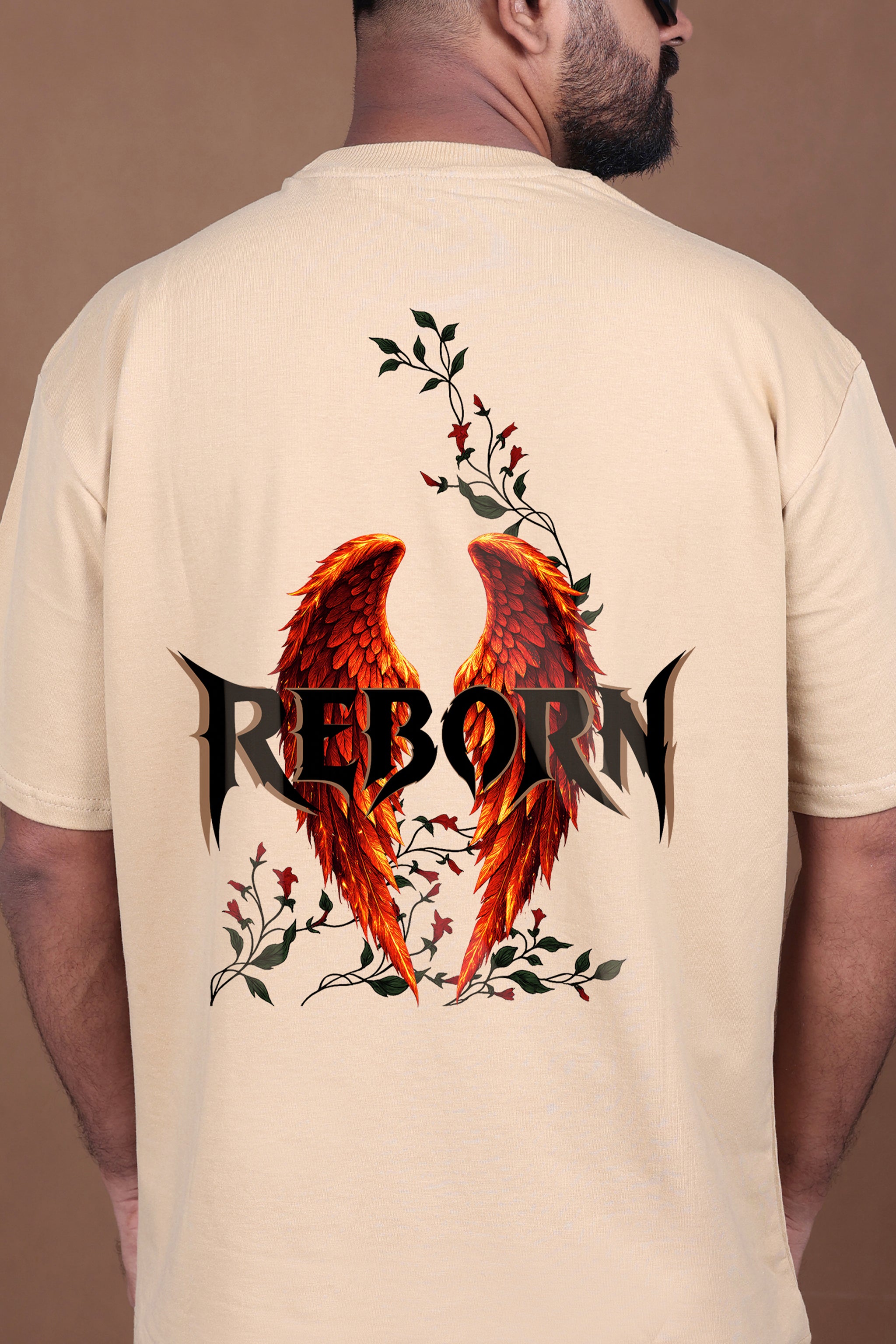 Printed Oversized T-shirt | REBORN Flame Wings Graphic| Biege T-Shirt
