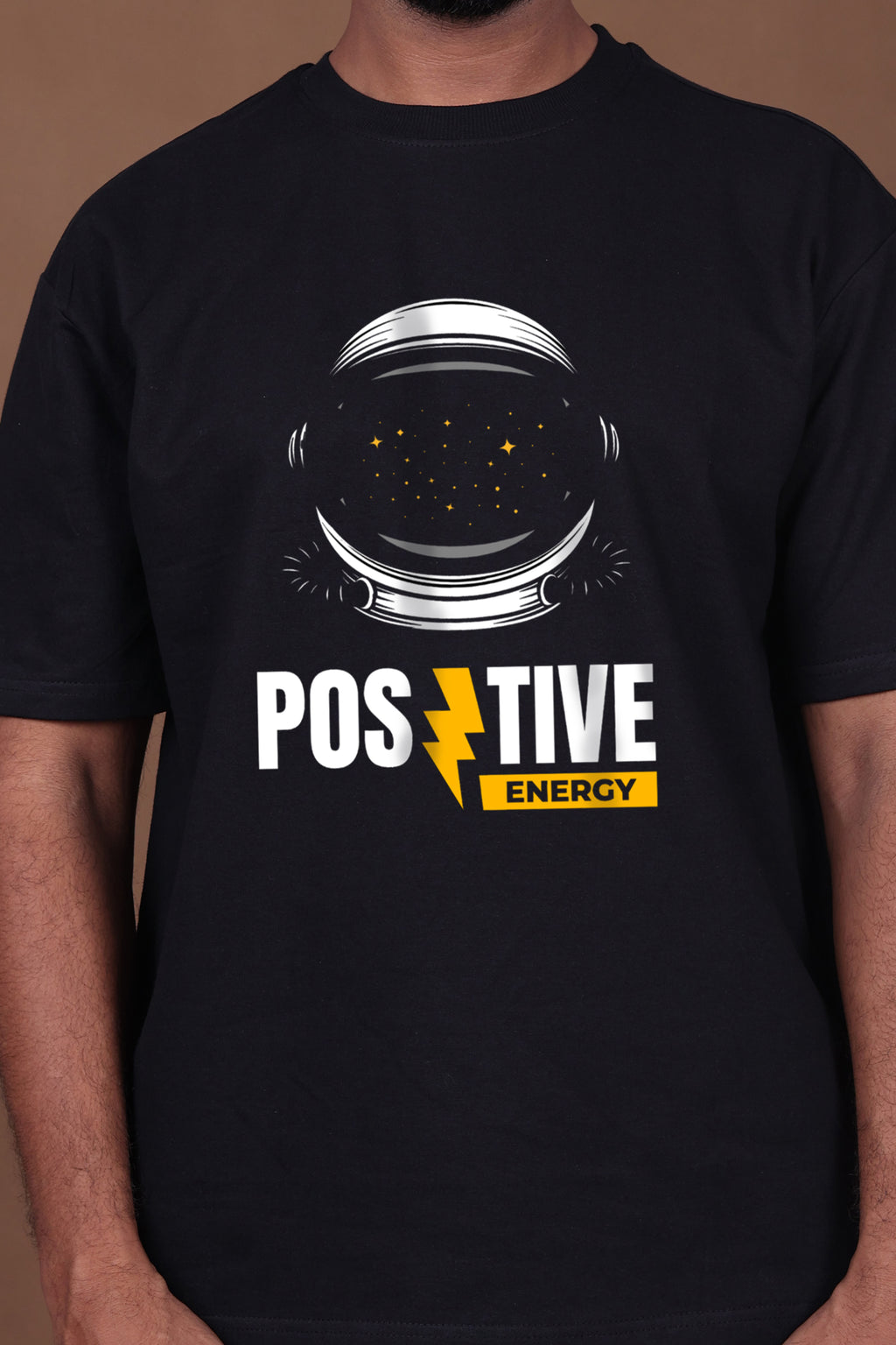 Printed Oversized T-shirt | Positive Energy Astronaut Graphic | Black T-Shirt