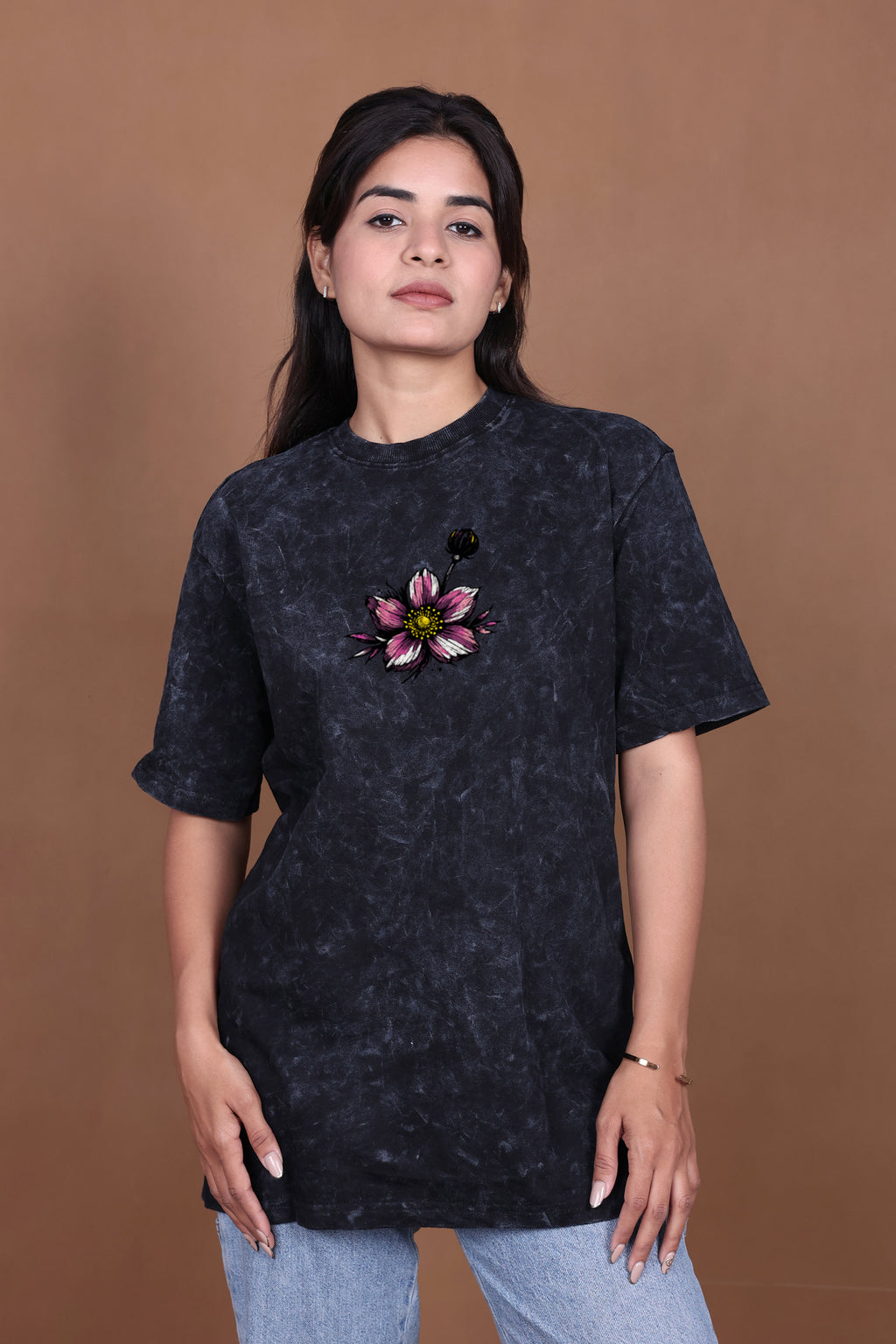 Printed Oversized T-shirt | Bloom Graphic | Acid Wash Black T-Shirt