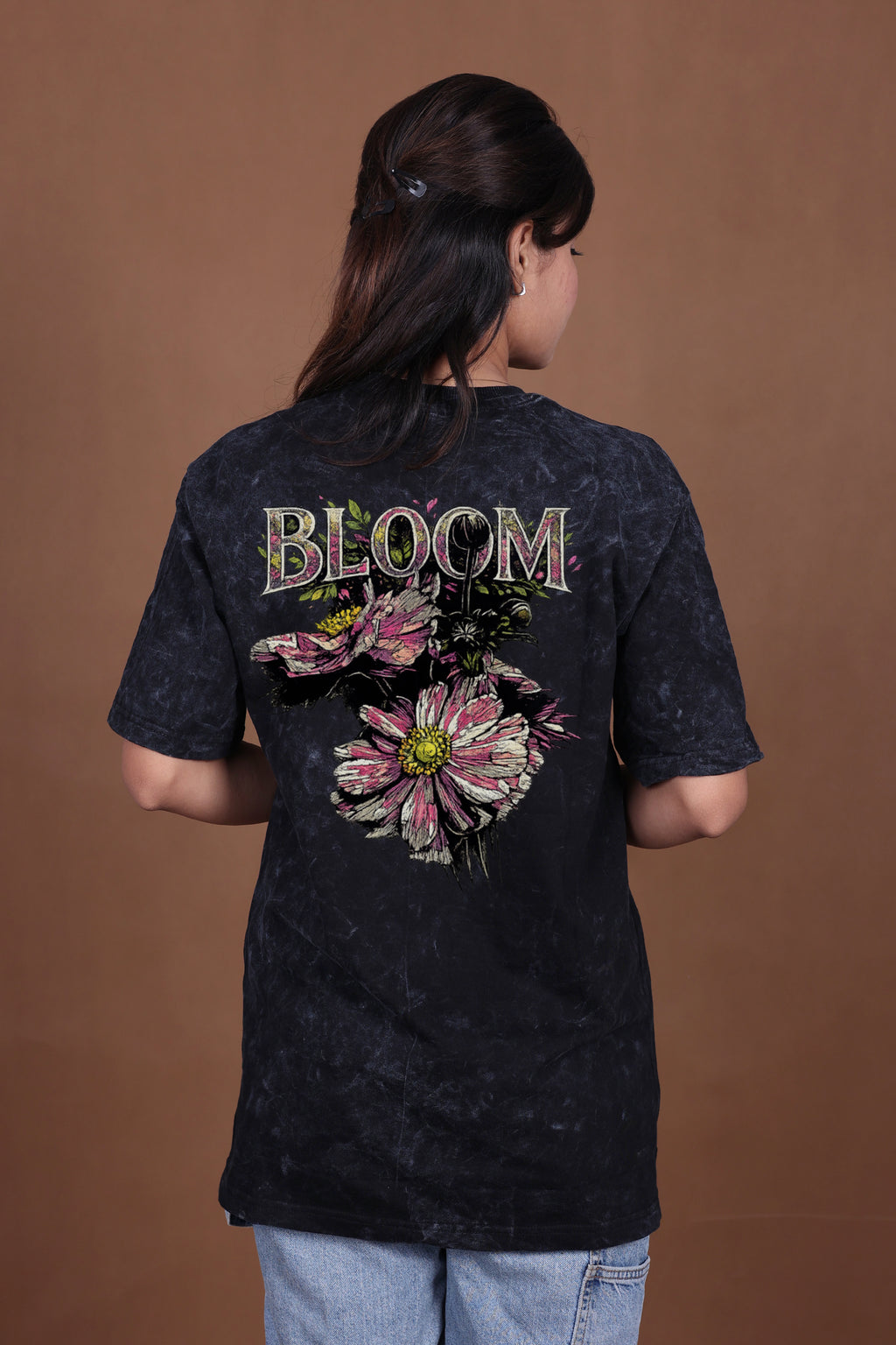 Printed Oversized T-shirt | Bloom Graphic | Acid Wash Black T-Shirt