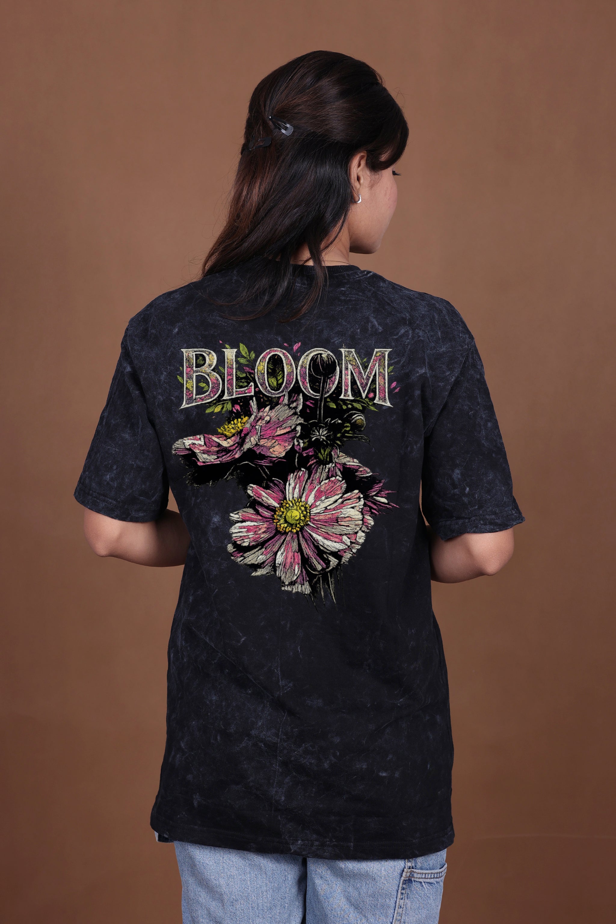 Printed Oversized T-shirt | Bloom Graphic | Acid Wash Black T-Shirt