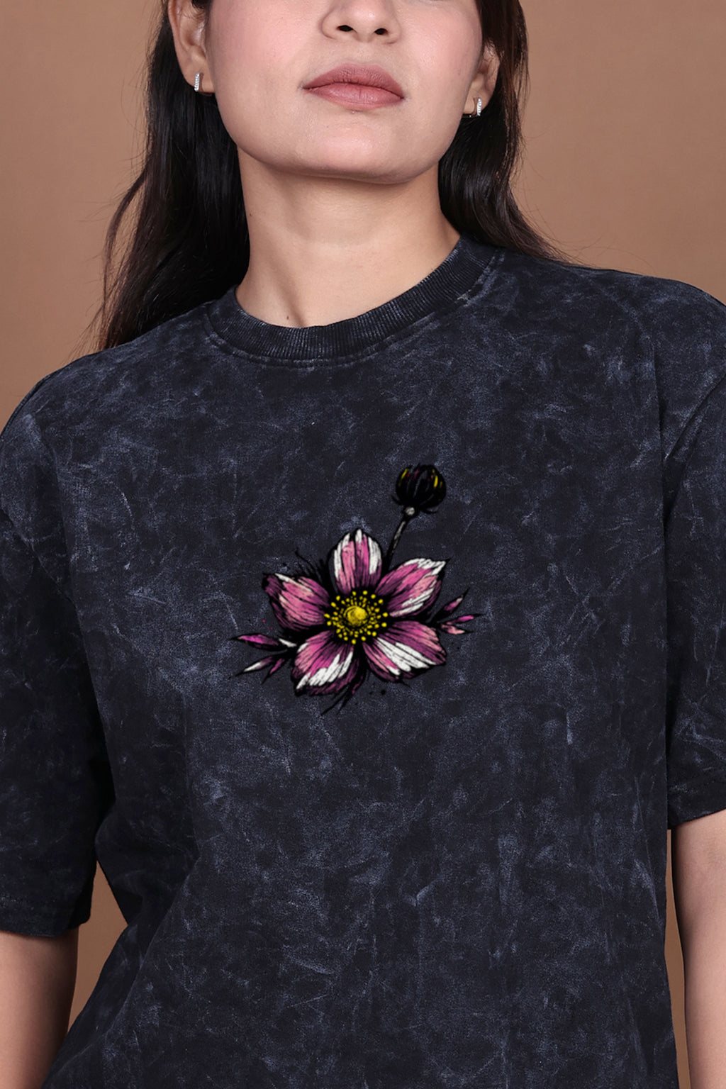 Printed Oversized T-shirt | Bloom Graphic | Acid Wash Black T-Shirt