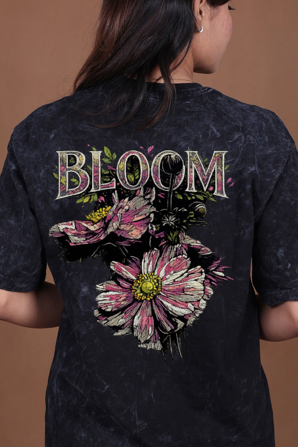 Printed Oversized T-shirt | Bloom Graphic | Acid Wash Black T-Shirt