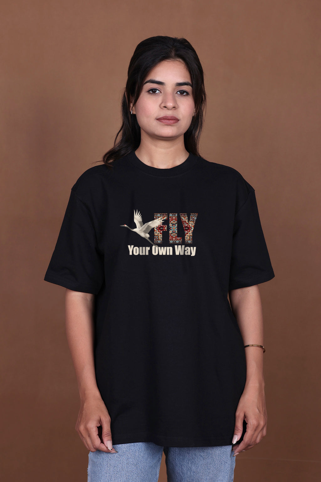 Printed Oversized T-shirt | Fly Your Own Way Graphic | Black T-Shirt