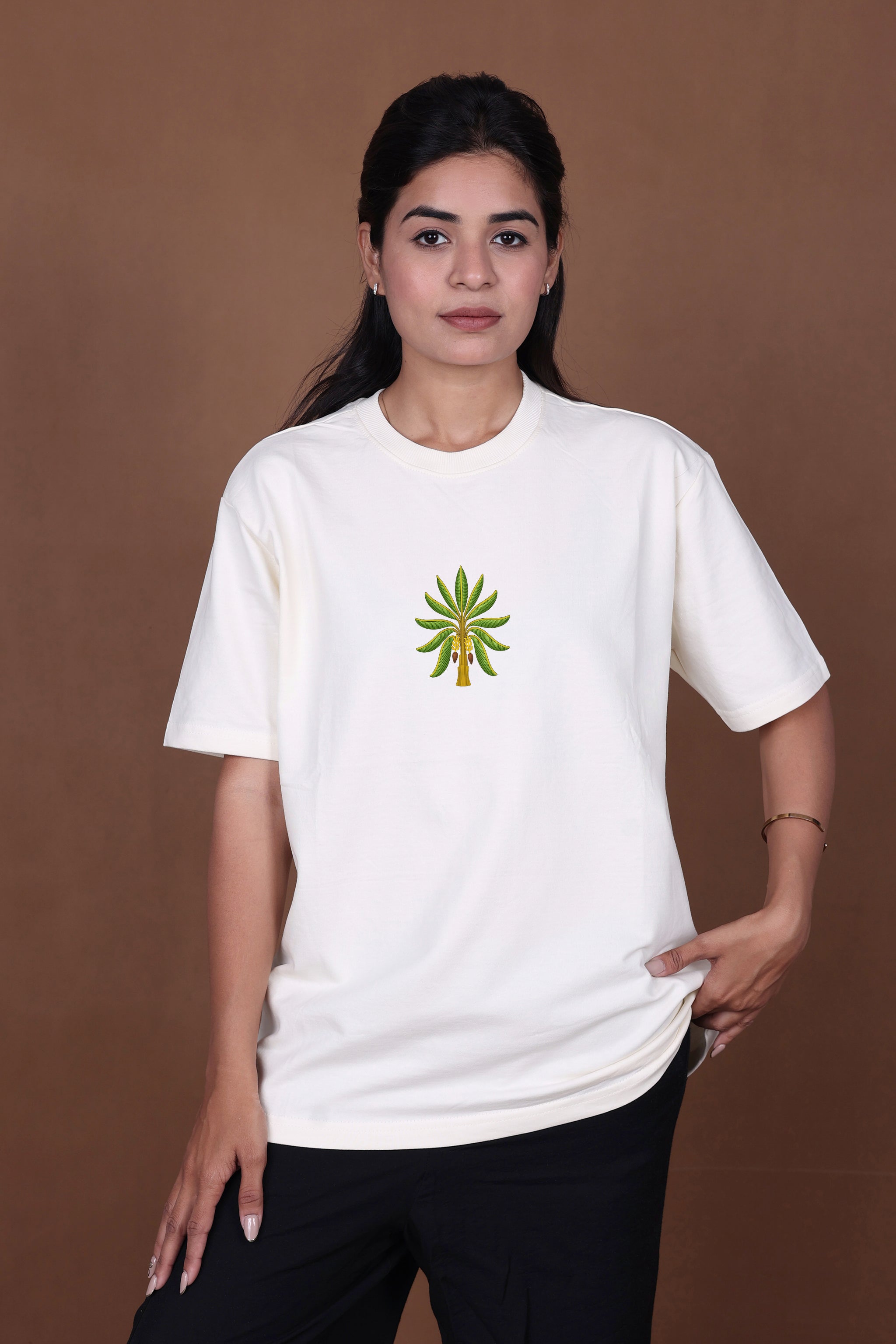 Printed Oversized T-shirt | Tropical Leaves & Parrot Back Print | Off-White T-Shirt