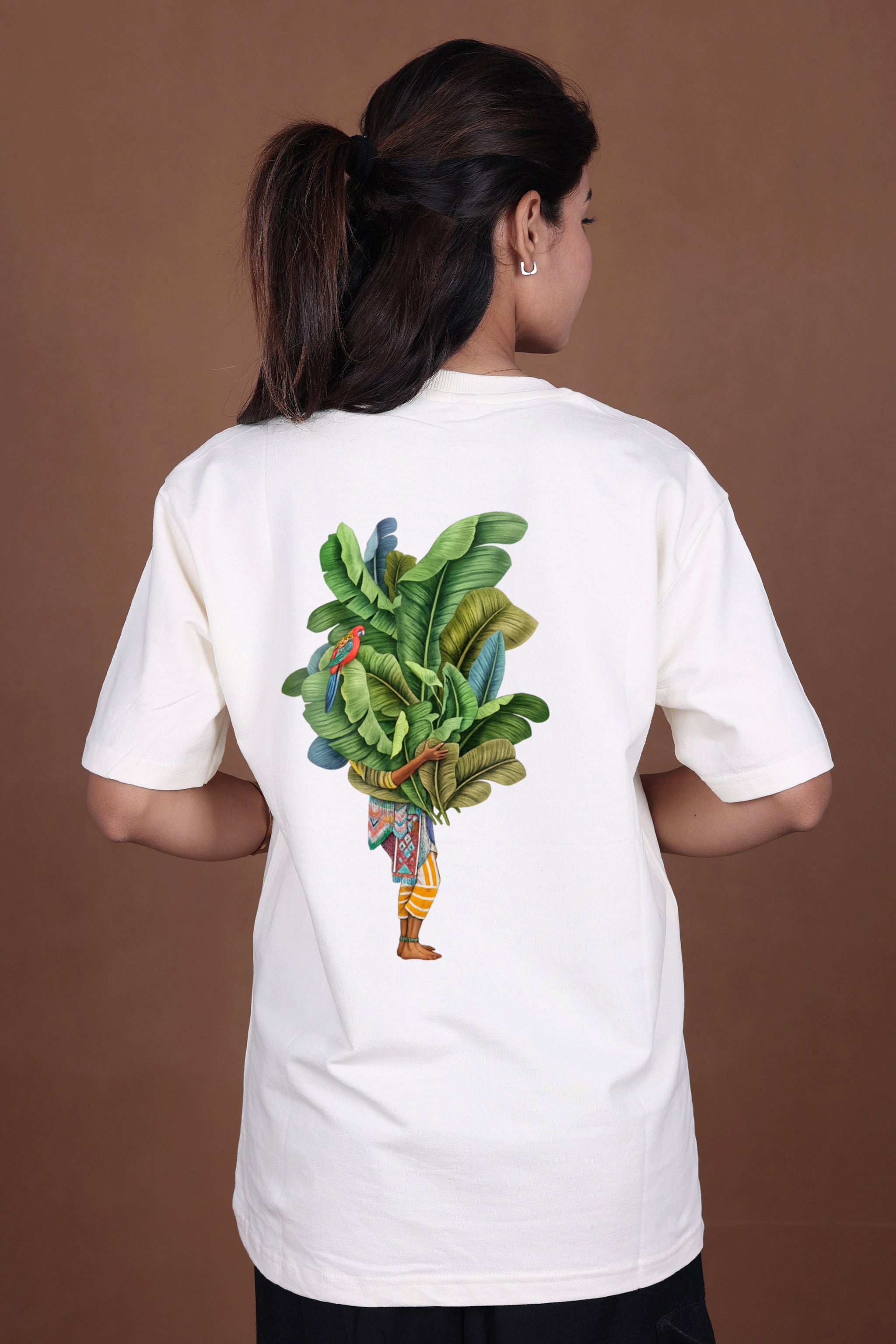 Printed Oversized T-shirt | Tropical Leaves & Parrot Back Print | Off-White T-Shirt