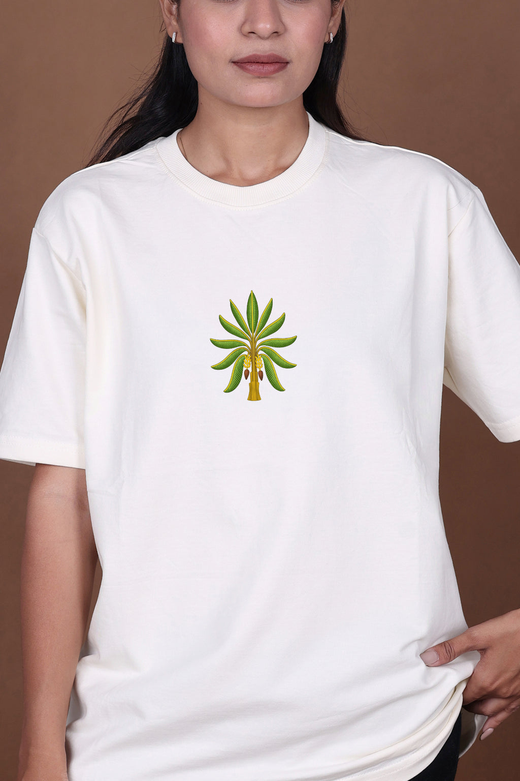 Printed Oversized T-shirt | Tropical Leaves & Parrot Back Print | Off-White T-Shirt