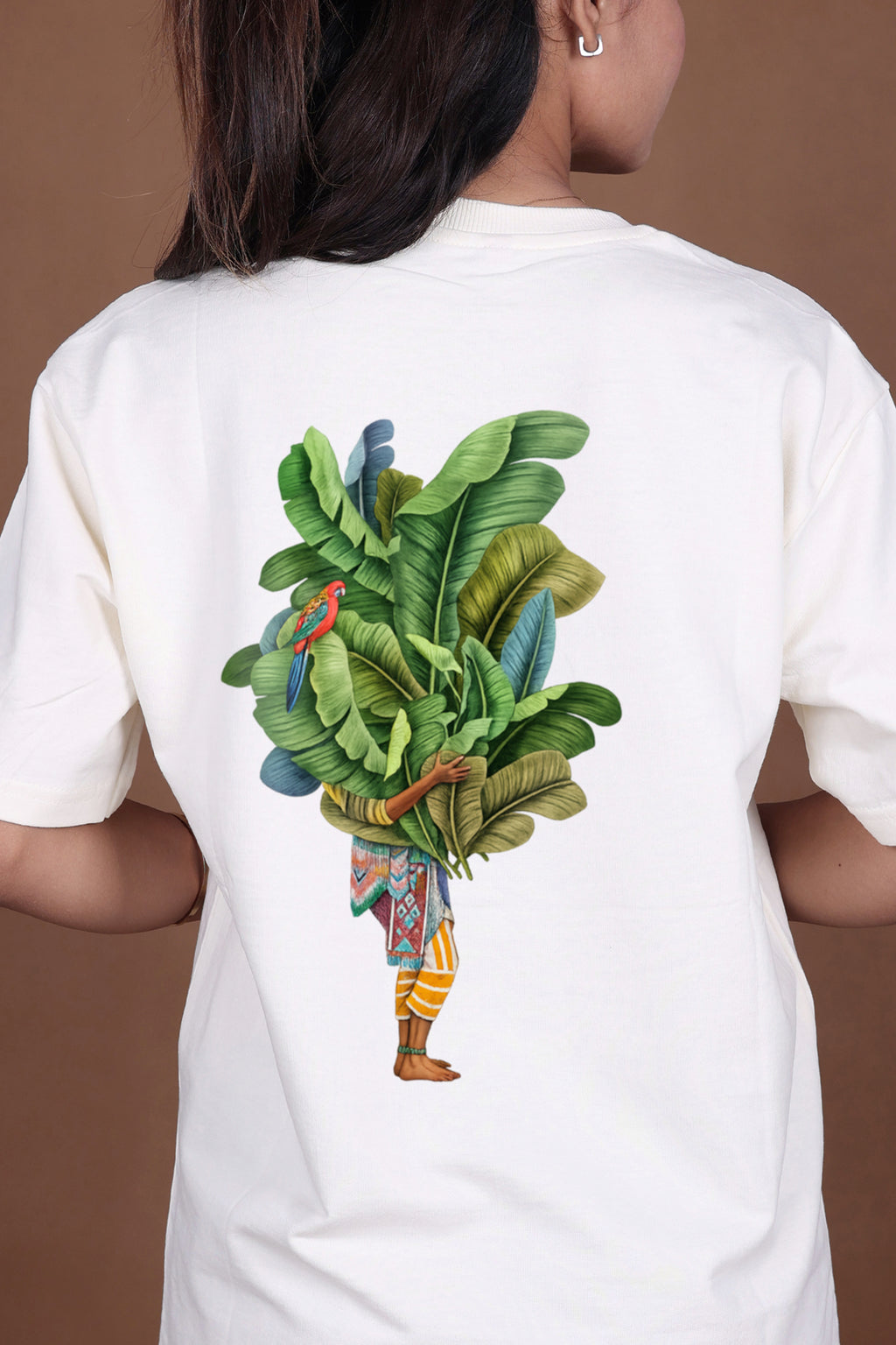 Printed Oversized T-shirt | Tropical Leaves & Parrot Back Print | Off-White T-Shirt