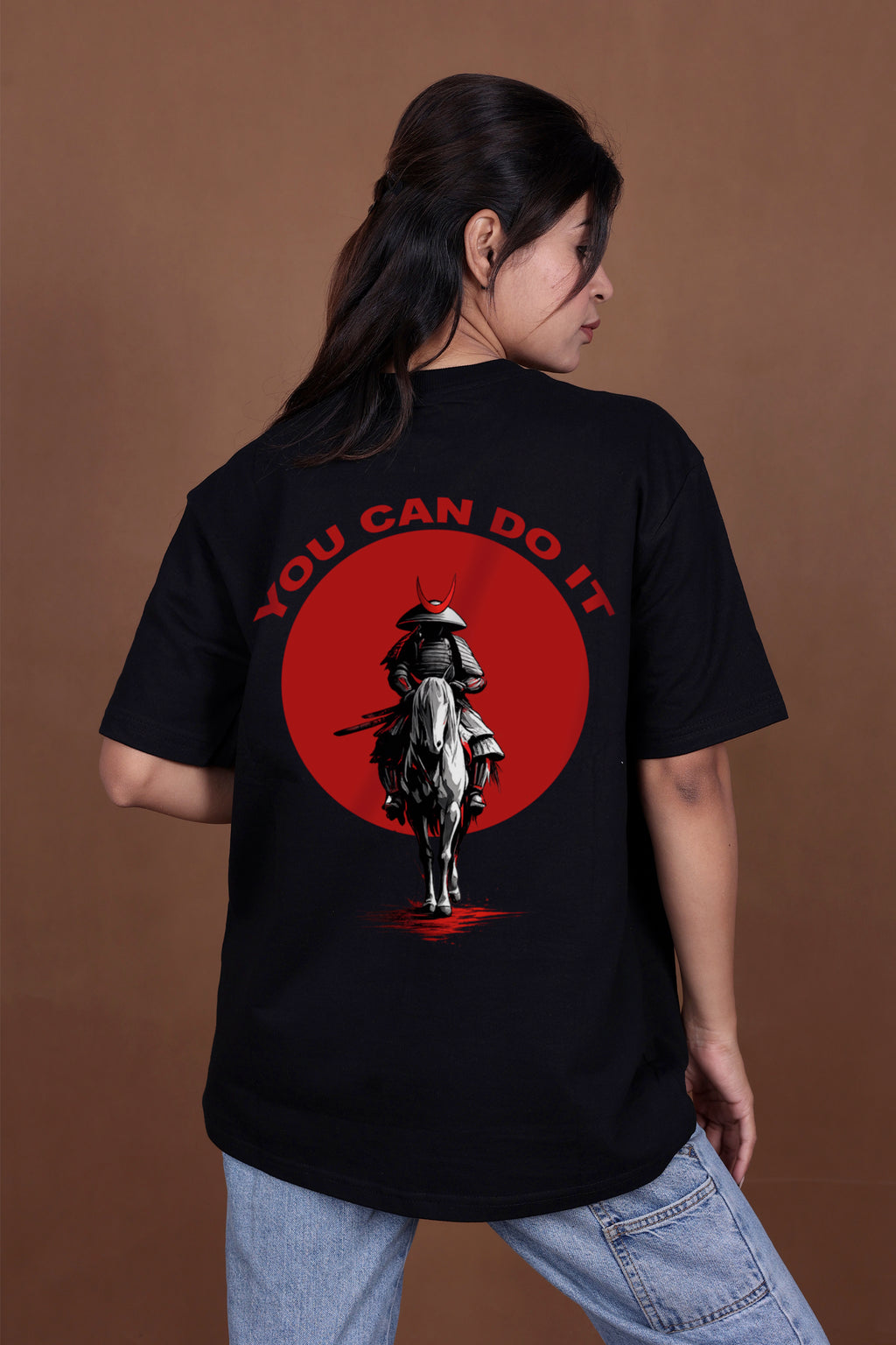 Printed Oversized T-shirt | Samurai Warrior “You Can Do It” Back Print | Black T-Shirt