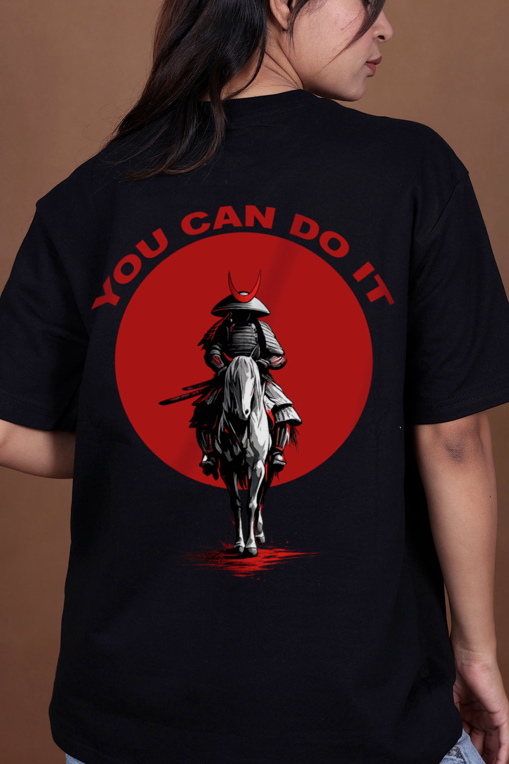 Printed Oversized T-shirt | Samurai Warrior “You Can Do It” Back Print | Black T-Shirt