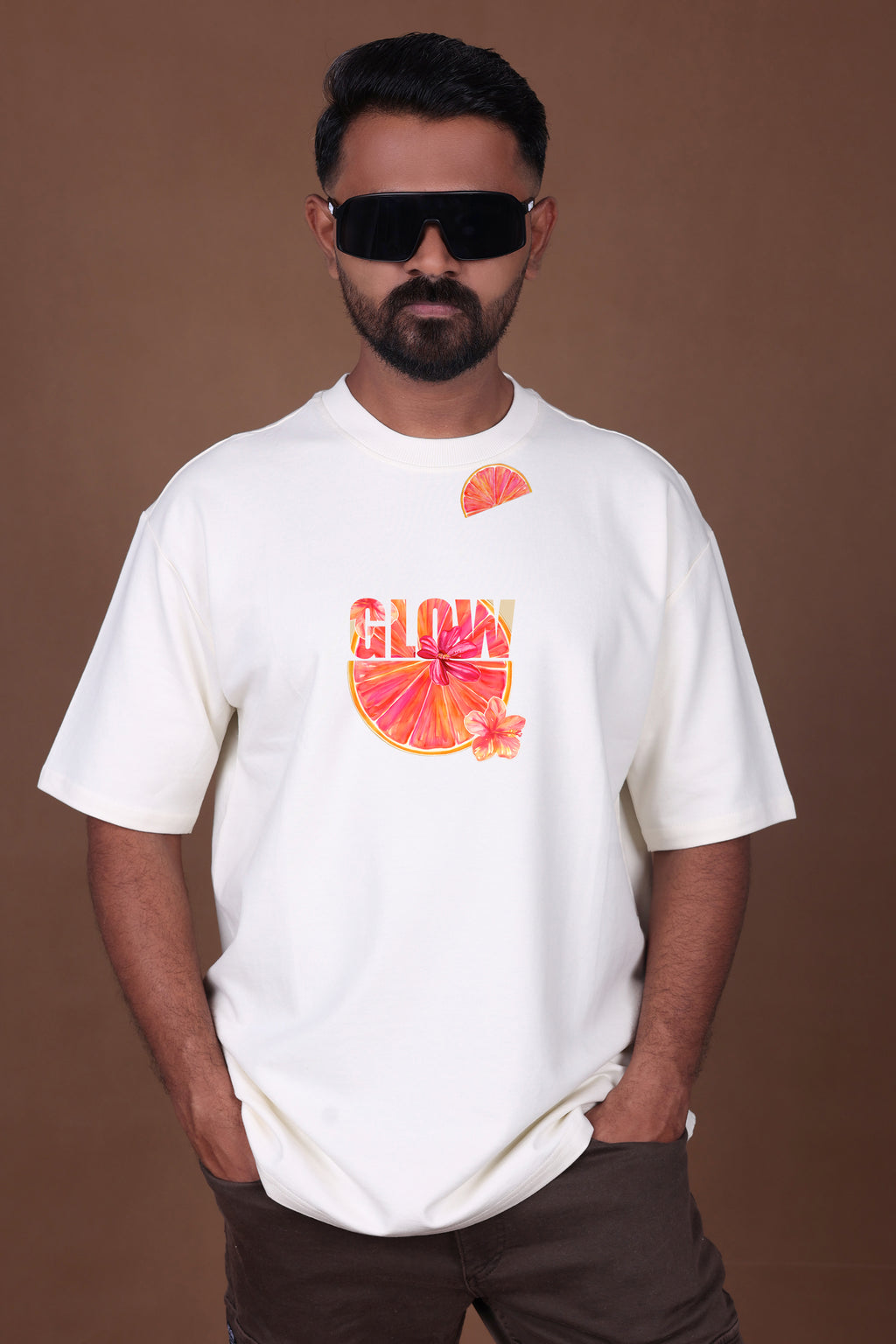Printed Oversized T-shirt | Orange Vibes Anime Graphic | Off-White T-Shirt
