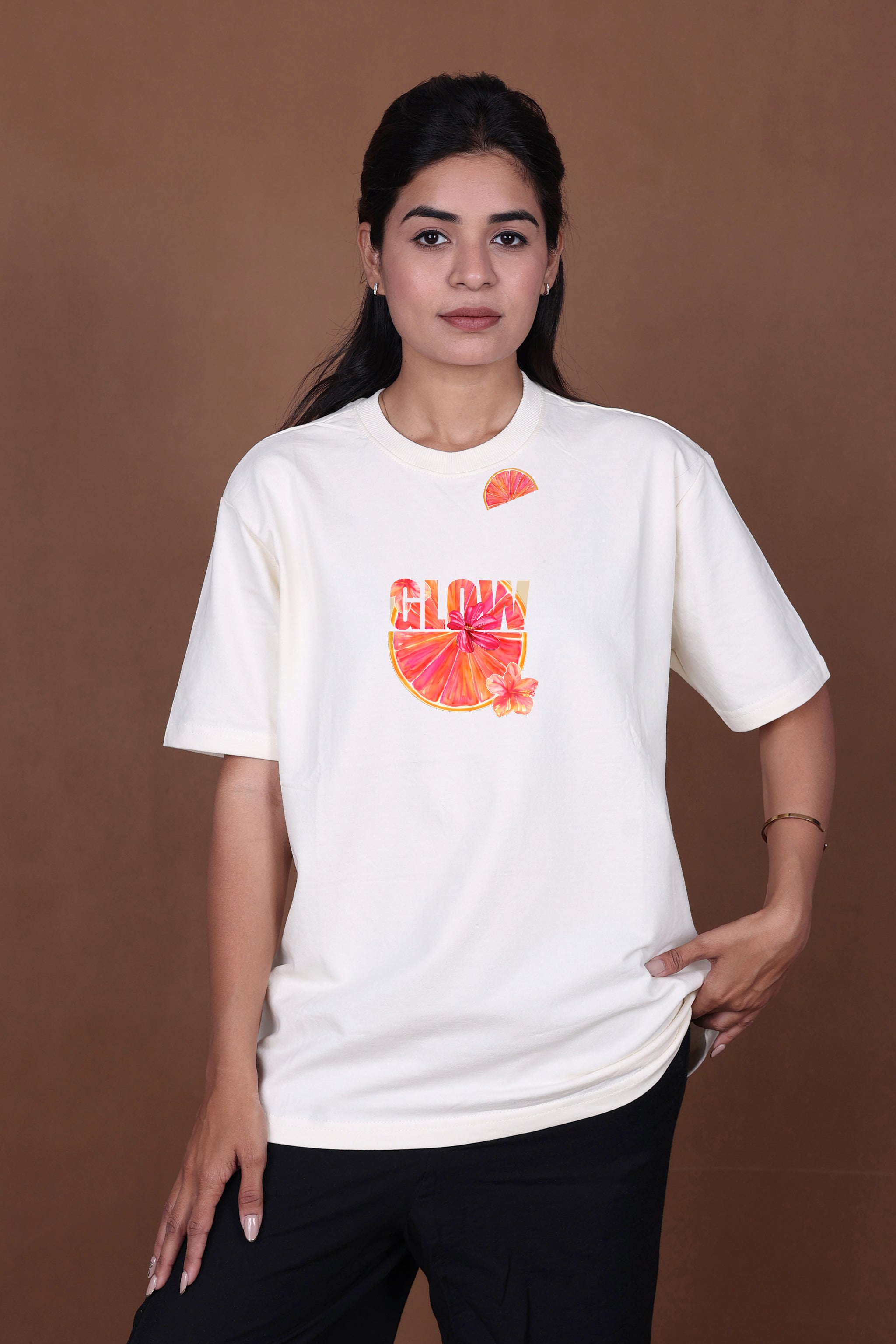 Printed Oversized T-shirt | Orange Vibes Anime Graphic | Off-White T-Shirt