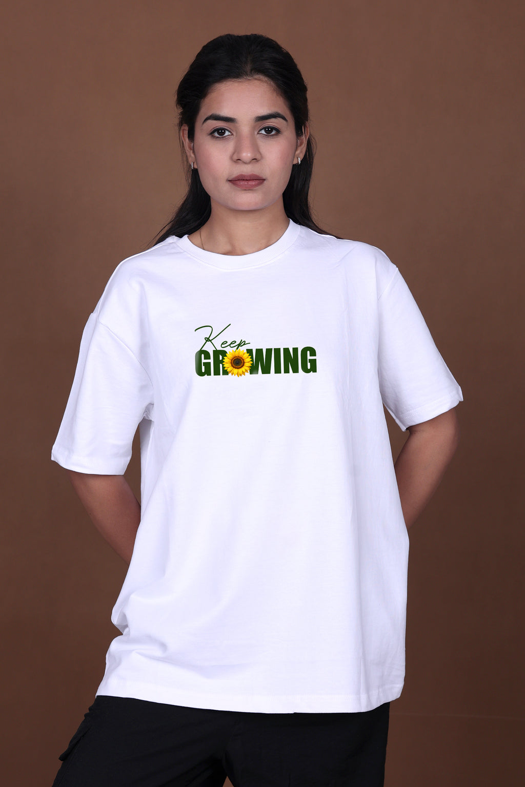 Printed Oversized T-shirt | Sunflower – “Keep Growing” | White T-Shirt