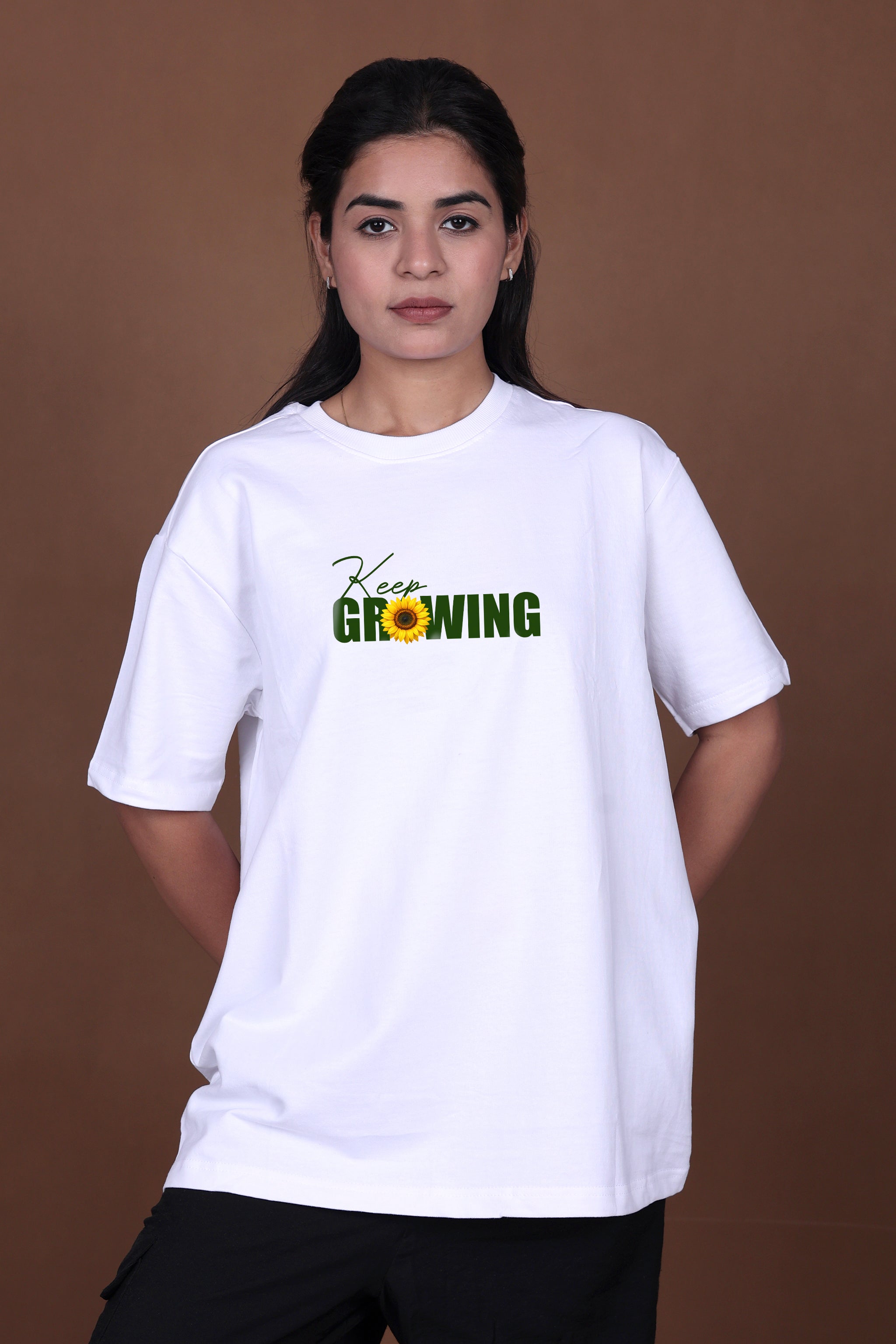 Printed Oversized T-shirt | Sunflower – “Keep Growing” | White T-Shirt