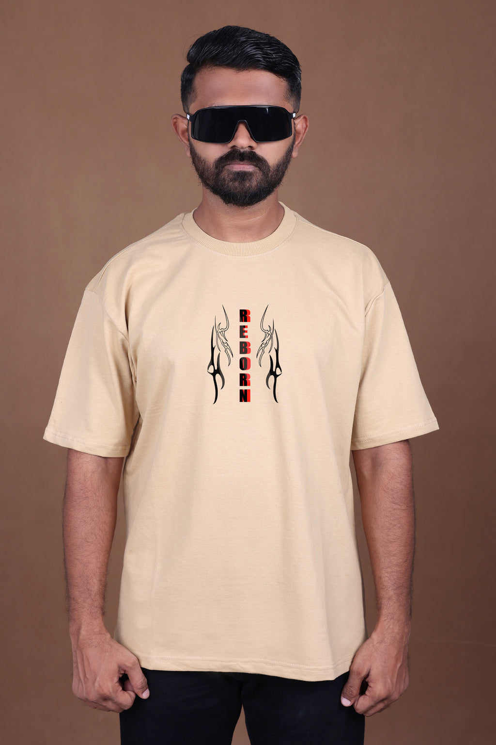 Printed Oversized T-shirt | REBORN Flame Wings Graphic| Biege T-Shirt
