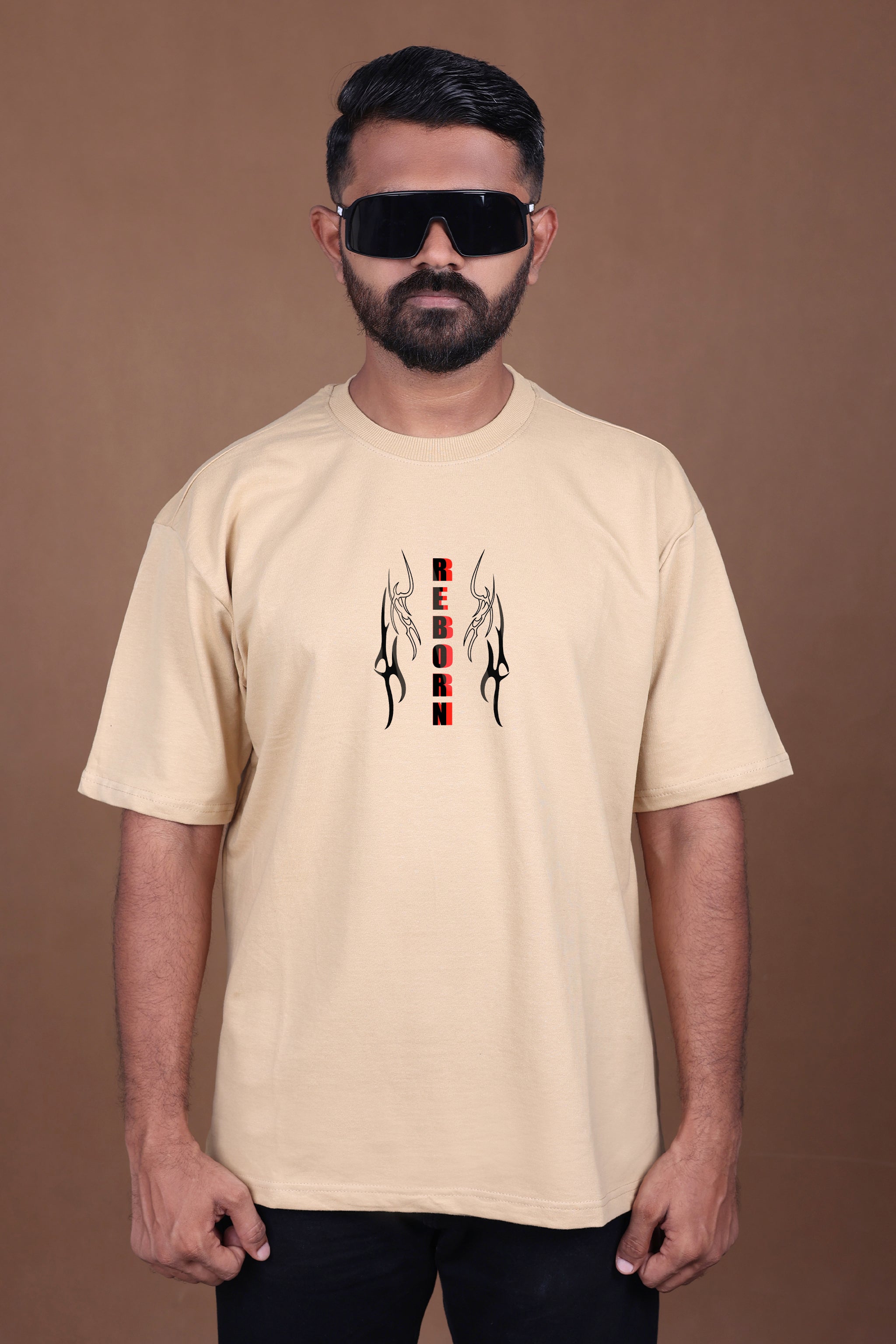 Printed Oversized T-shirt | REBORN Flame Wings Graphic| Biege T-Shirt