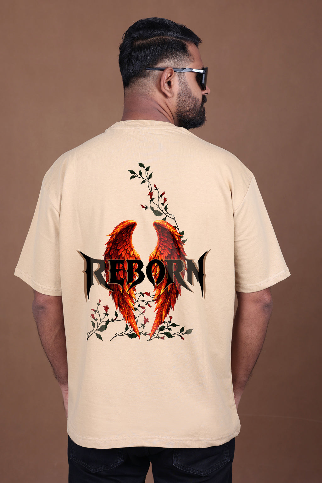 Printed Oversized T-shirt | REBORN Flame Wings Graphic| Biege T-Shirt
