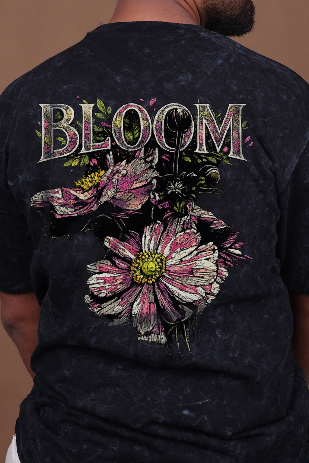 Printed Oversized T-shirt | Bloom Graphic | Acid Wash Black T-Shirt
