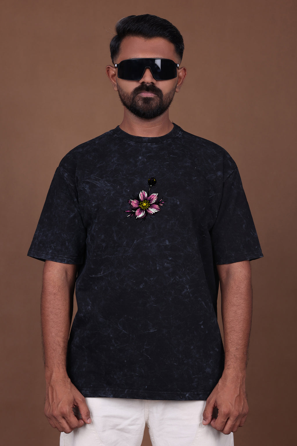 Printed Oversized T-shirt | Bloom Graphic | Acid Wash Black T-Shirt