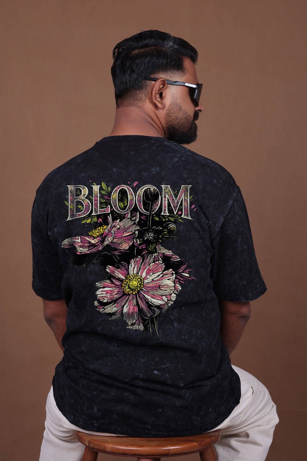 Printed Oversized T-shirt | Bloom Graphic | Acid Wash Black T-Shirt