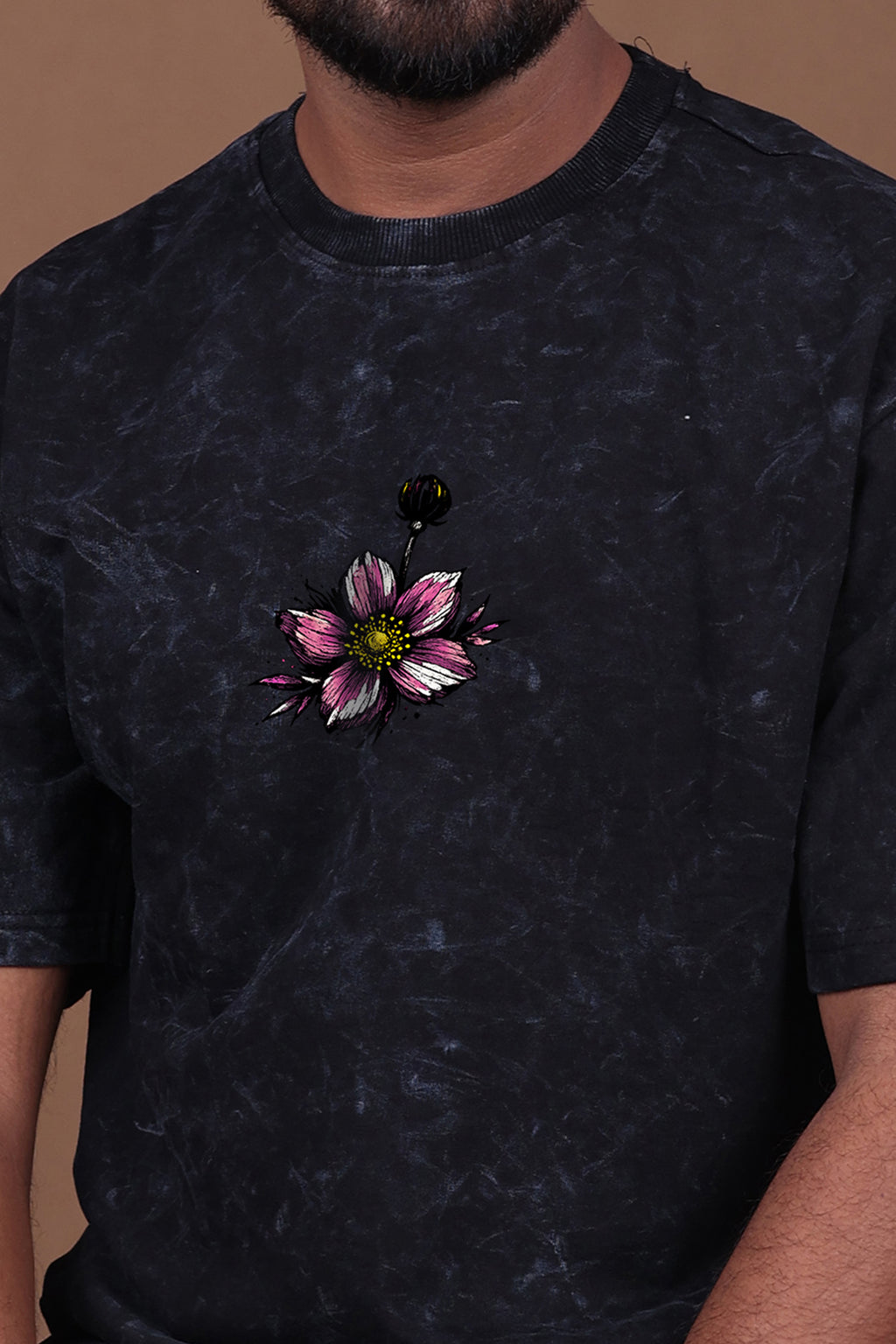 Printed Oversized T-shirt | Bloom Graphic | Acid Wash Black T-Shirt