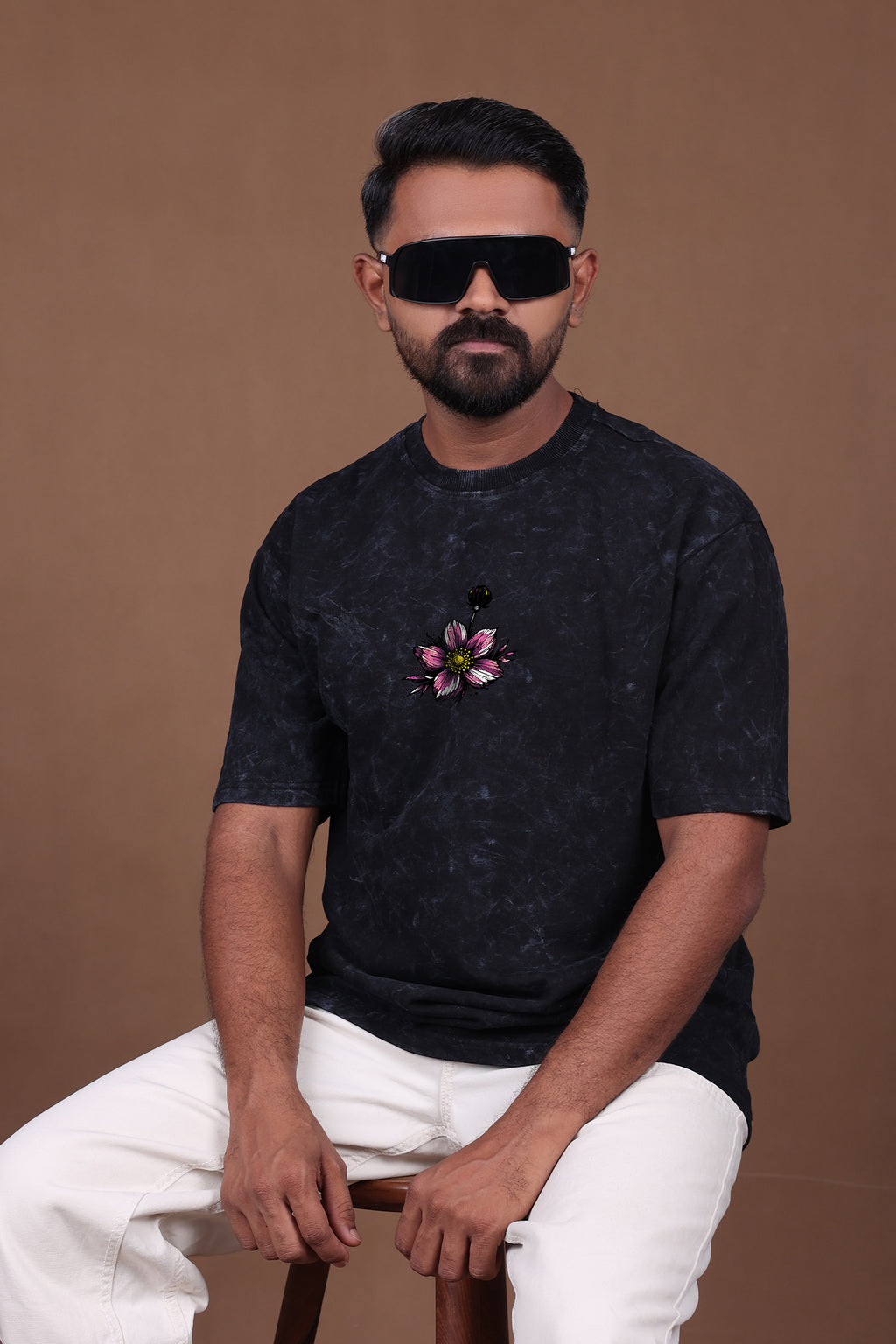 Printed Oversized T-shirt | Bloom Graphic | Acid Wash Black T-Shirt
