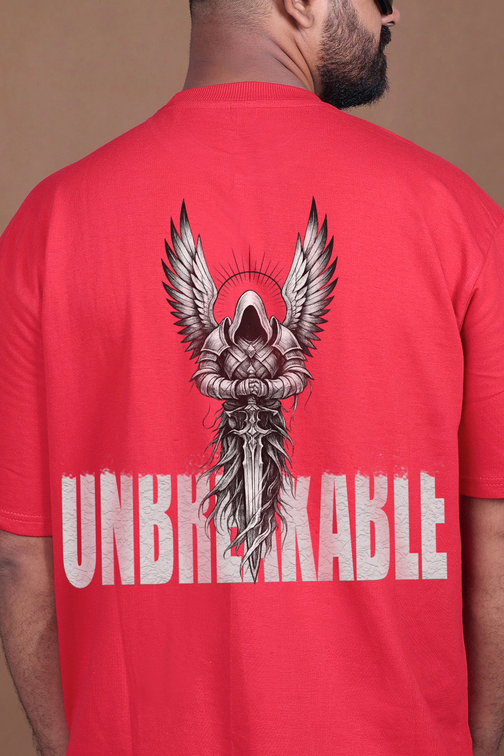 Printed Oversized T-shirt | UNBREAKABLE Angel Warrior| Red T-Shirt