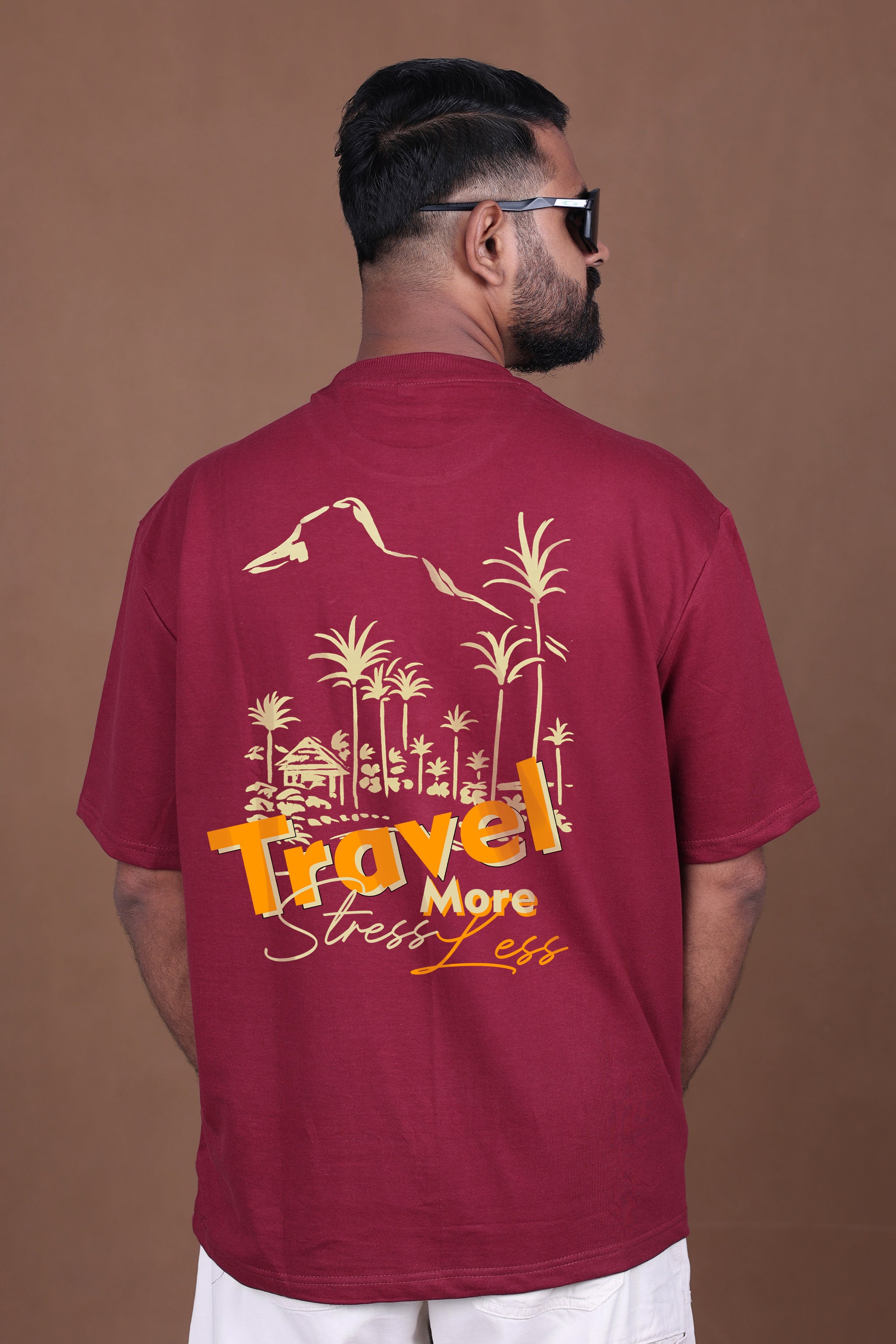 Printed Oversized T-shirt | Travel More, Stress Less Graphic| Maroon T-Shirt