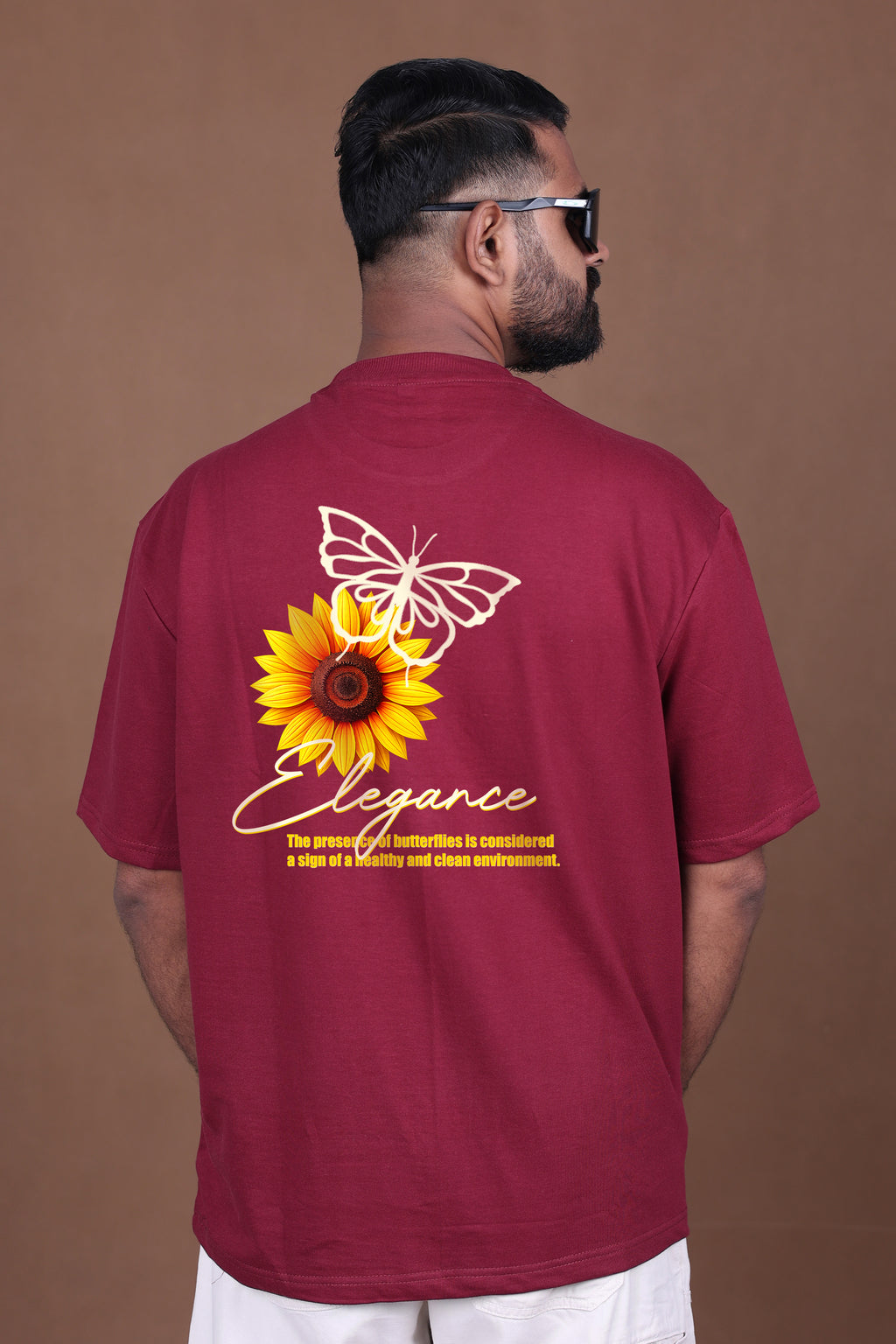 Printed Oversized T-shirt | Prestige Butterfly & Sunflower | Maroon T-Shirt