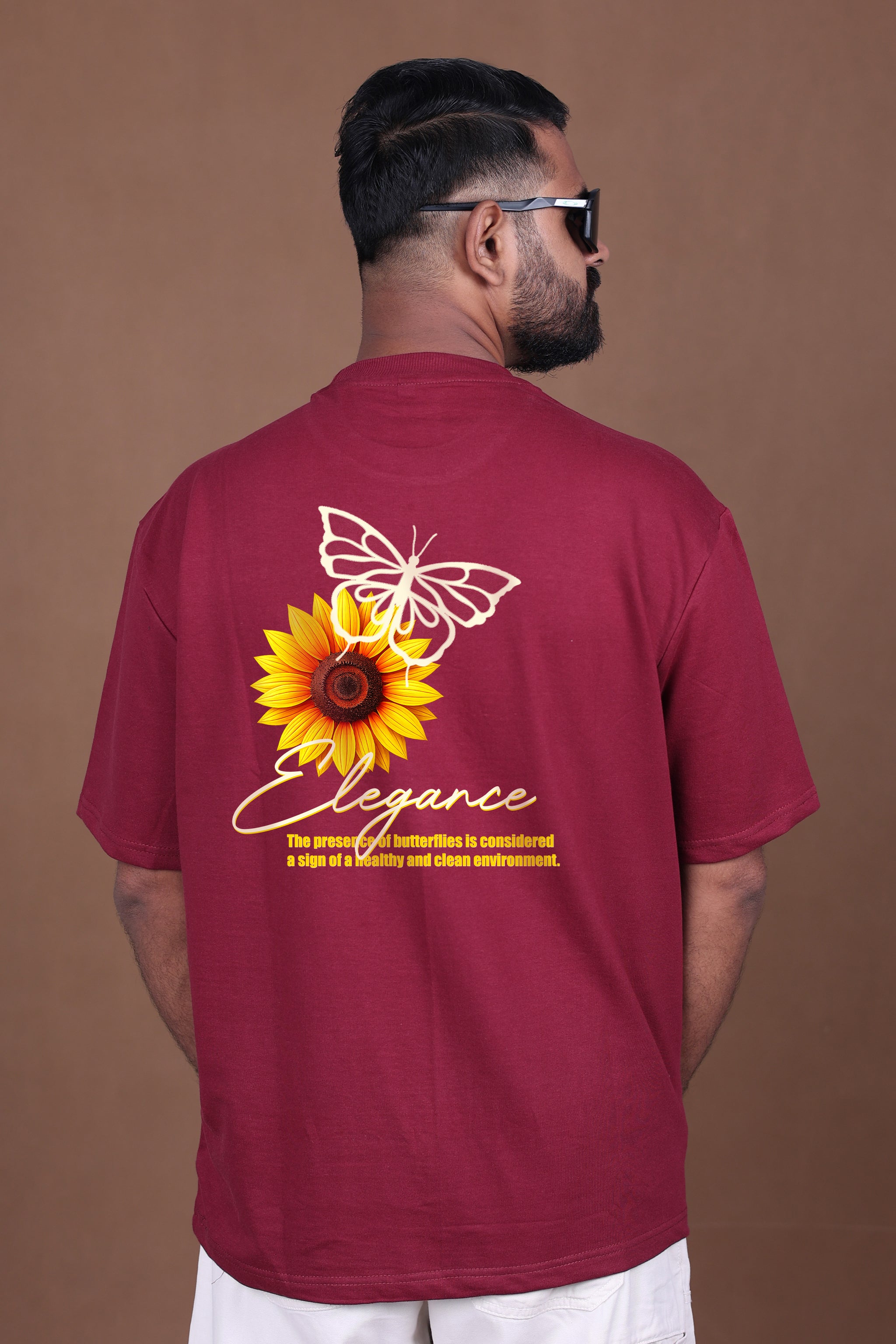 Printed Oversized T-shirt | Prestige Butterfly & Sunflower | Maroon T-Shirt