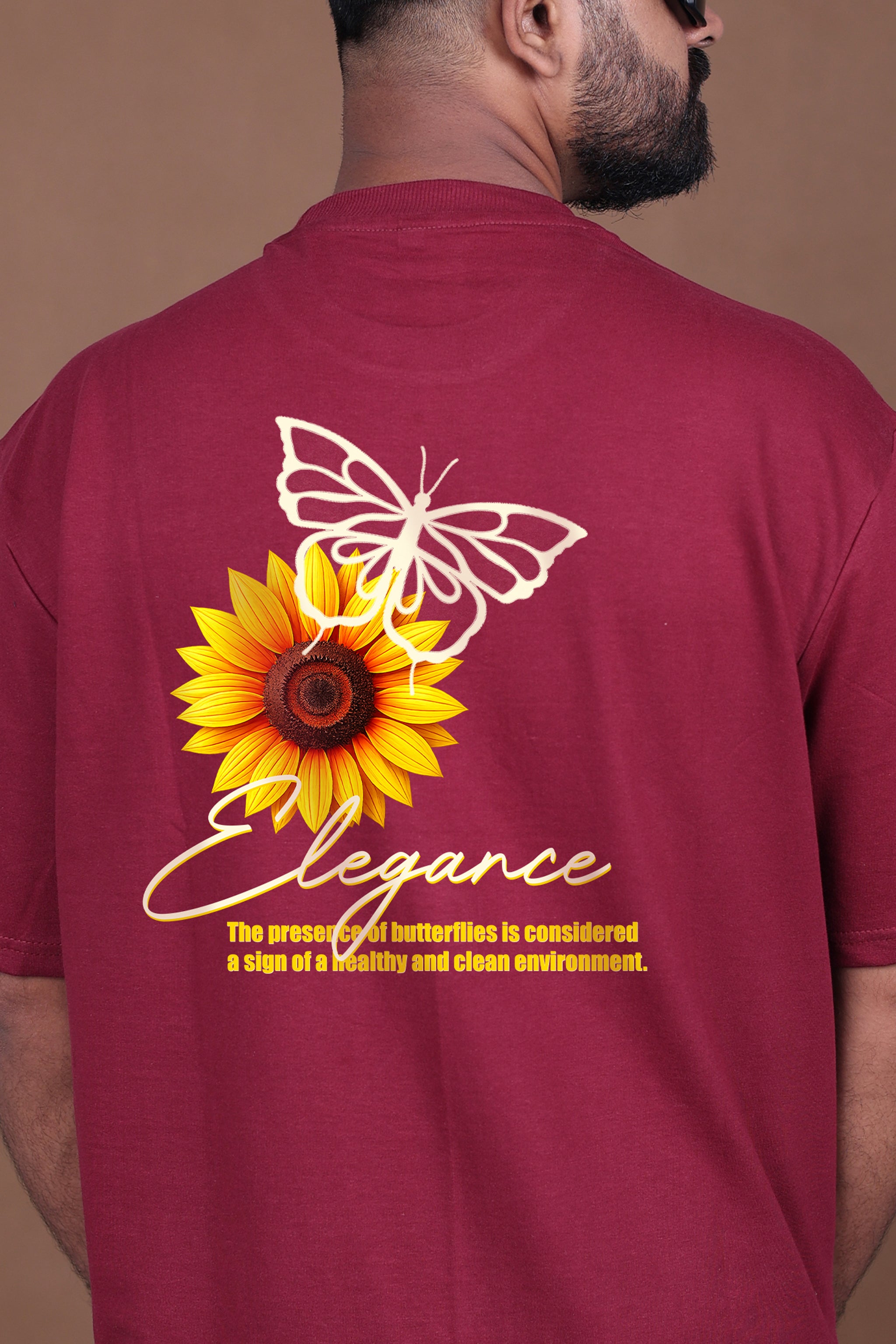 Printed Oversized T-shirt | Prestige Butterfly & Sunflower | Maroon T-Shirt
