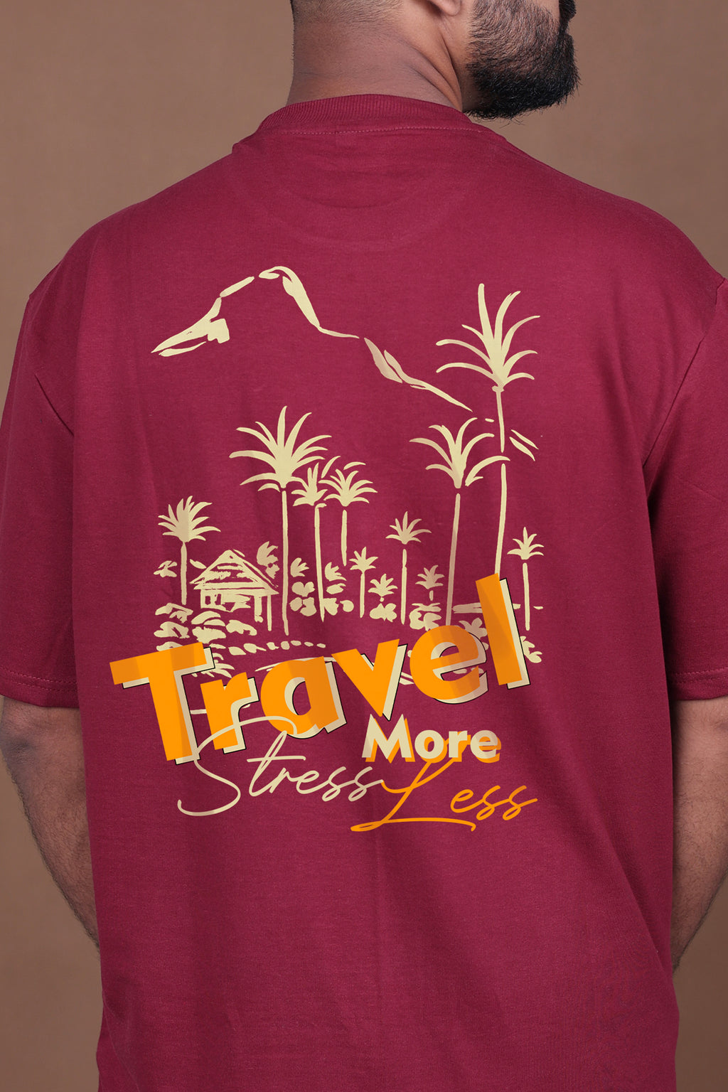 Printed Oversized T-shirt | Travel More, Stress Less Graphic| Maroon T-Shirt