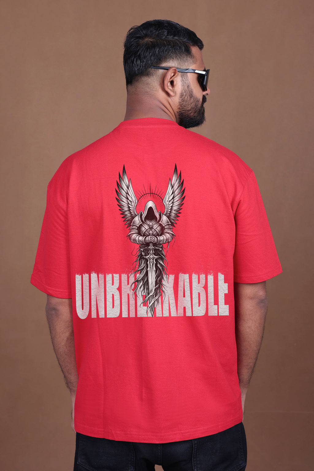 Printed Oversized T-shirt | UNBREAKABLE Angel Warrior| Red T-Shirt