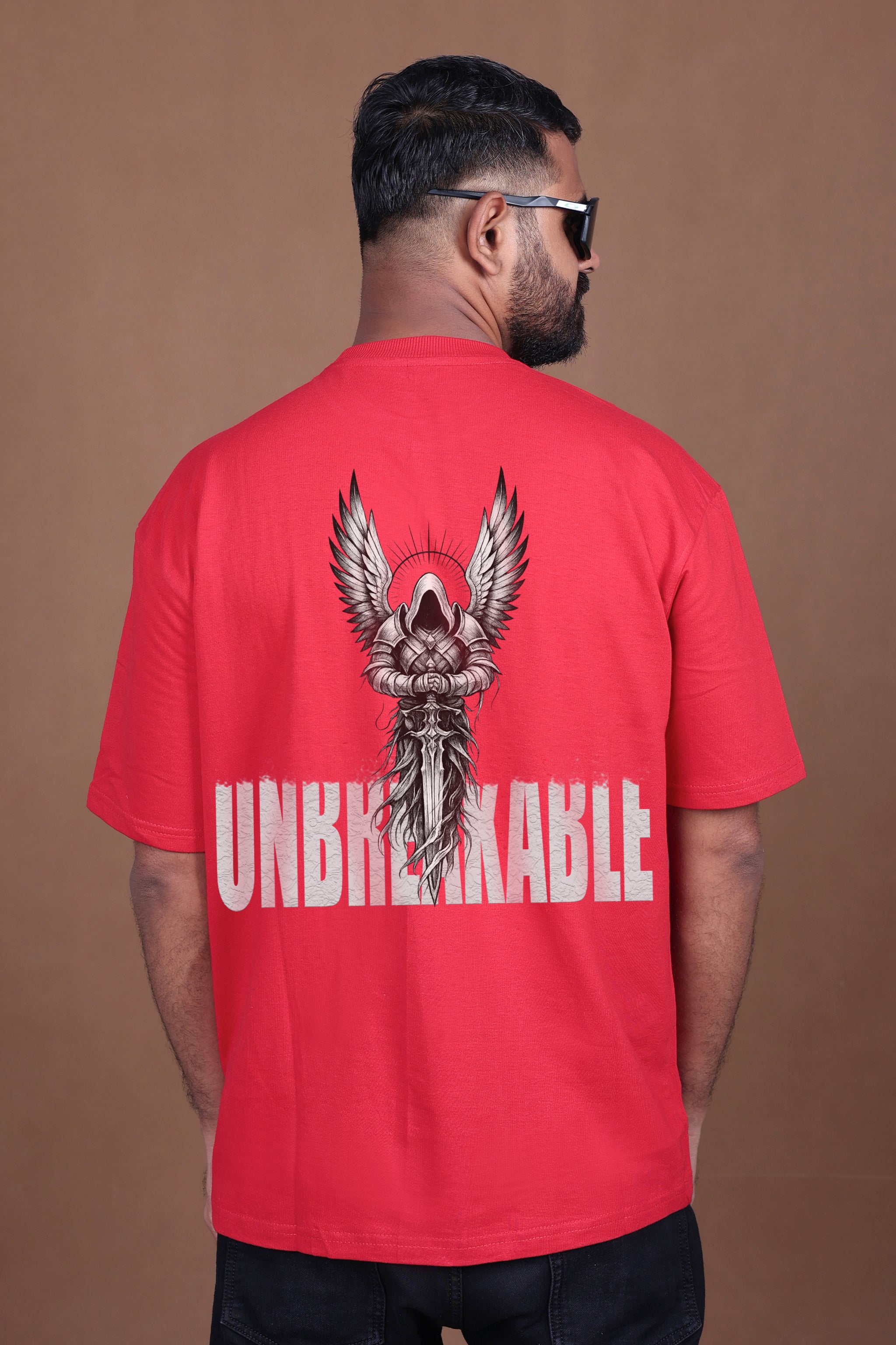 Printed Oversized T-shirt | UNBREAKABLE Angel Warrior| Red T-Shirt